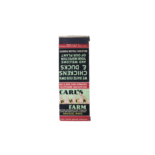 Vintage Mid Century Advertising Matchbook Carl's Duck Farm Saugus, Massachusetts