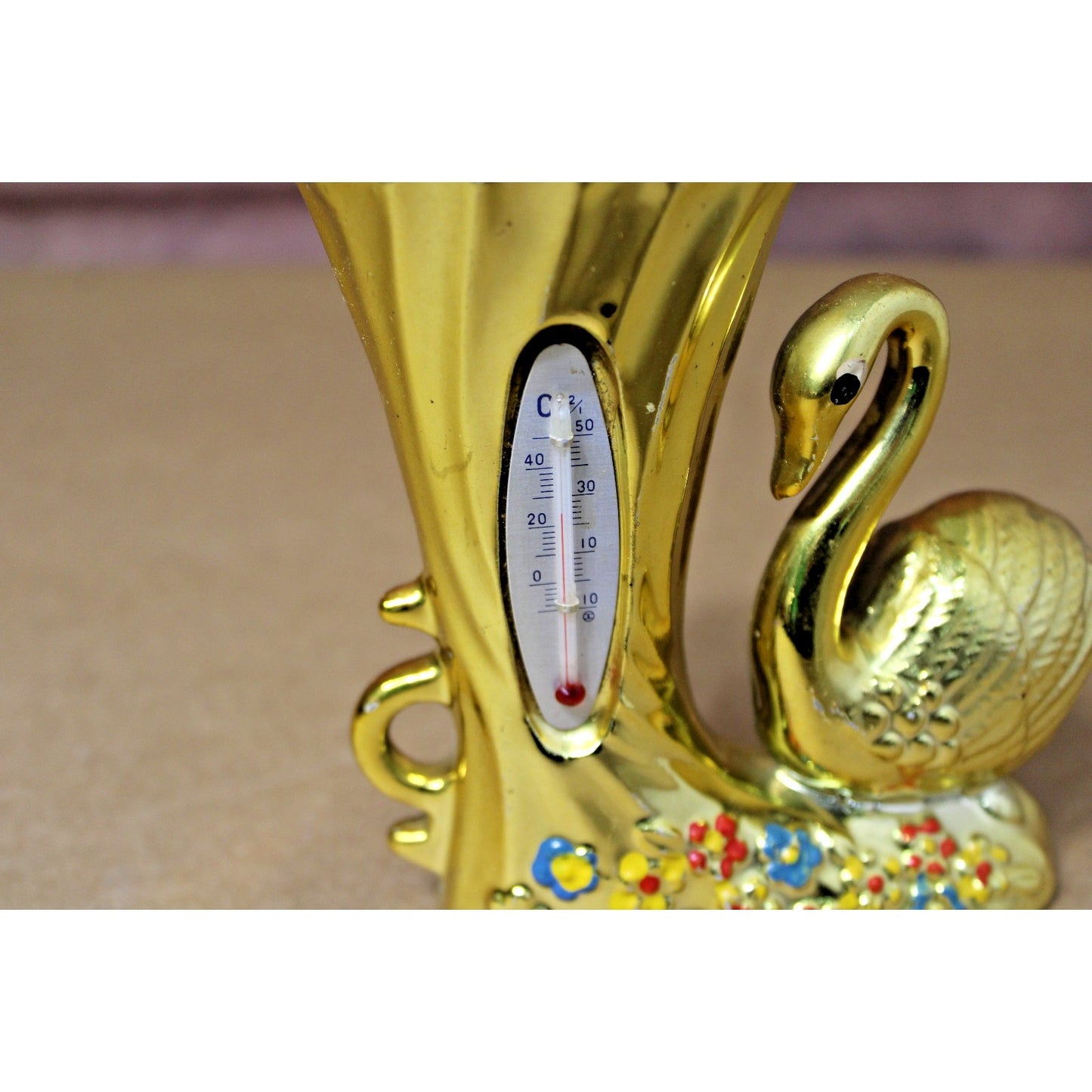Vintage 1950s Anodized Gold Swan Thermometer Vase, Ceramic, Kitsch, MCM, 5 "H