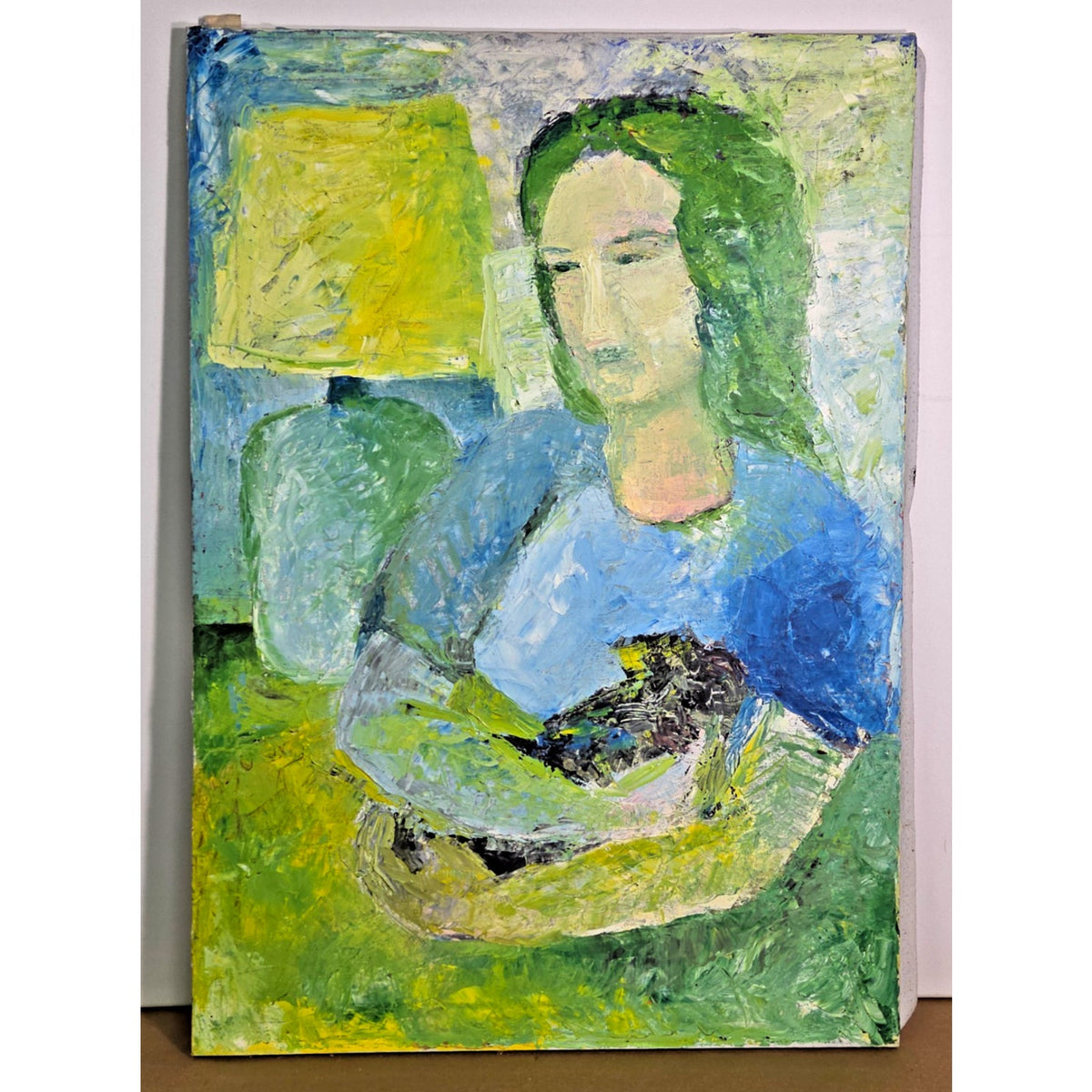 Vintage Mid-Century Impasto Portrait - Woman with Black Cat - 24"x34" Painting
