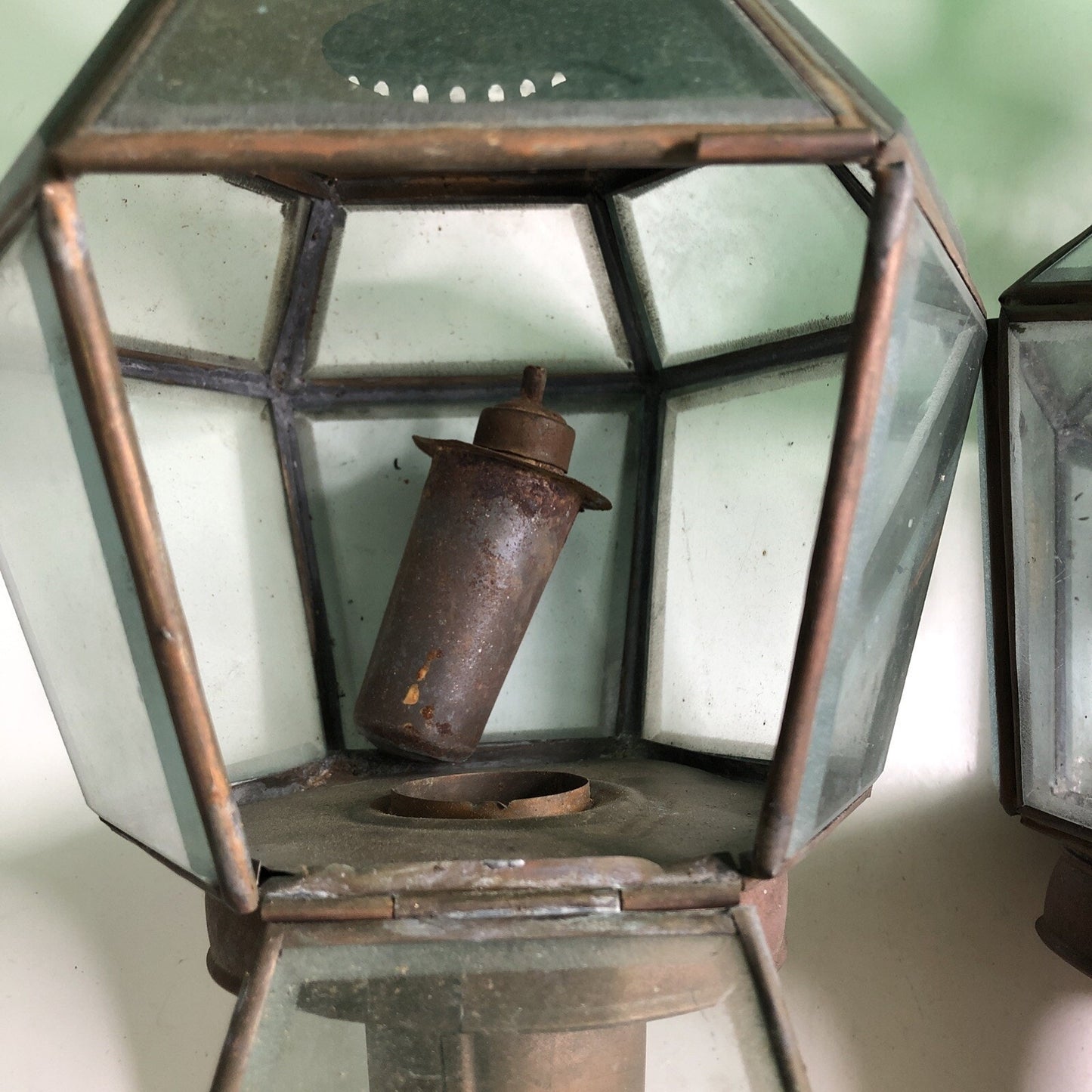 Pair Of Antique Copper Oil Carriage Lamps Buggy Lantern Lights Beveled Glass