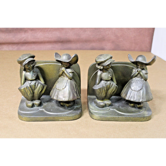Vintage 1934 Frankart Brass Cast Bookends Pair, Dutch Boy, Dutch Girl, Classical