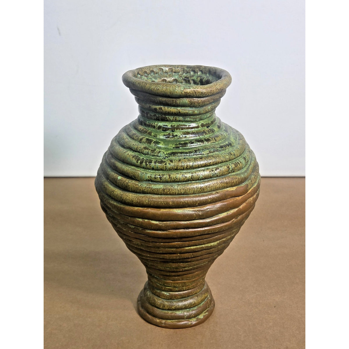 Vintage JDH Brutalist Hand-Coiled Studio Art Pottery Vase – Green & Bronze Drip