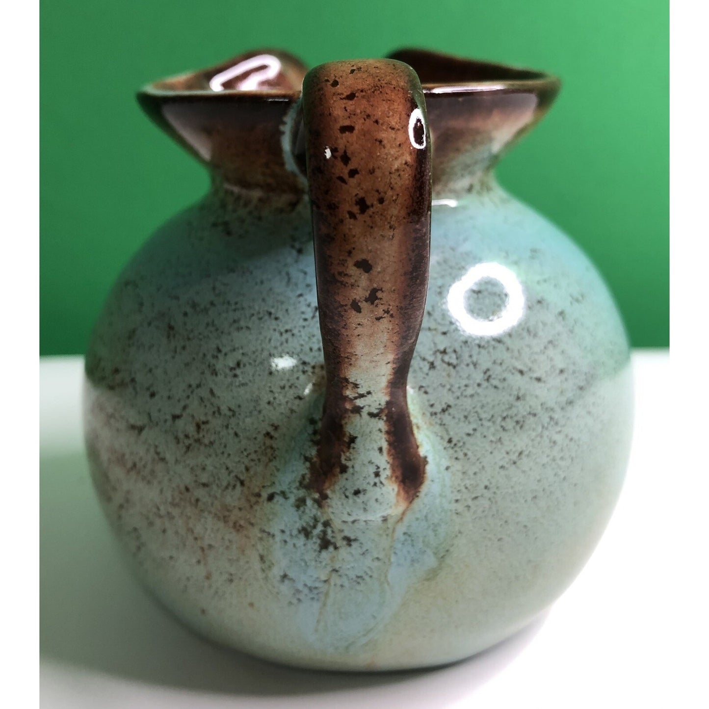 MCM Mid Century Modern NICODEMUS POTTERY CREAMER Pitcher Turquoise Brown Glaze