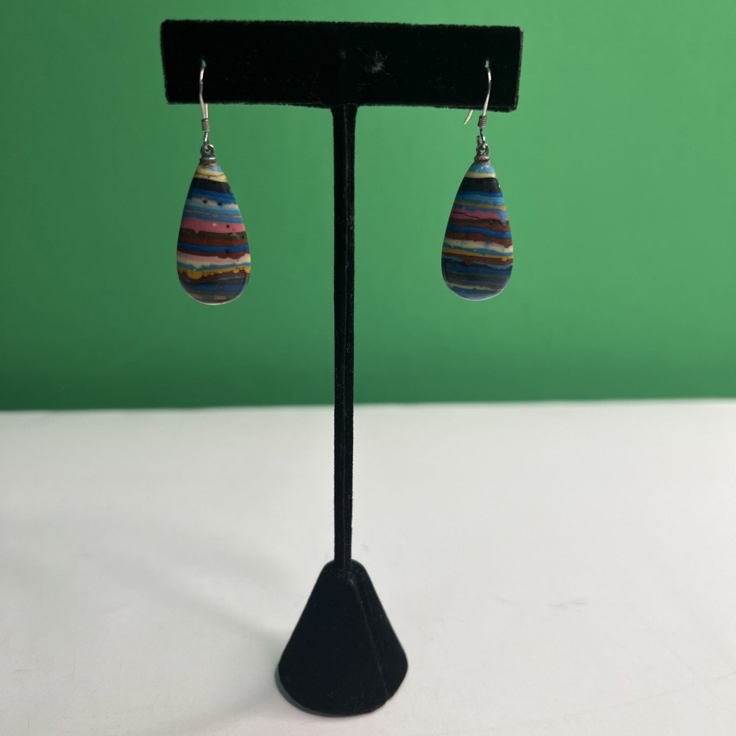 Vintage Rainbow Calsilica Teardrop Shaped Dangle Pierced Earrings Bohemian