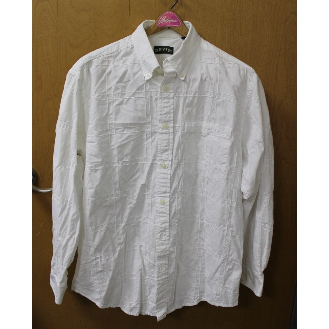 Orvis Men's Sz L White Textured Grid Stitch Long Sleeve Cotton Button Up Shirt