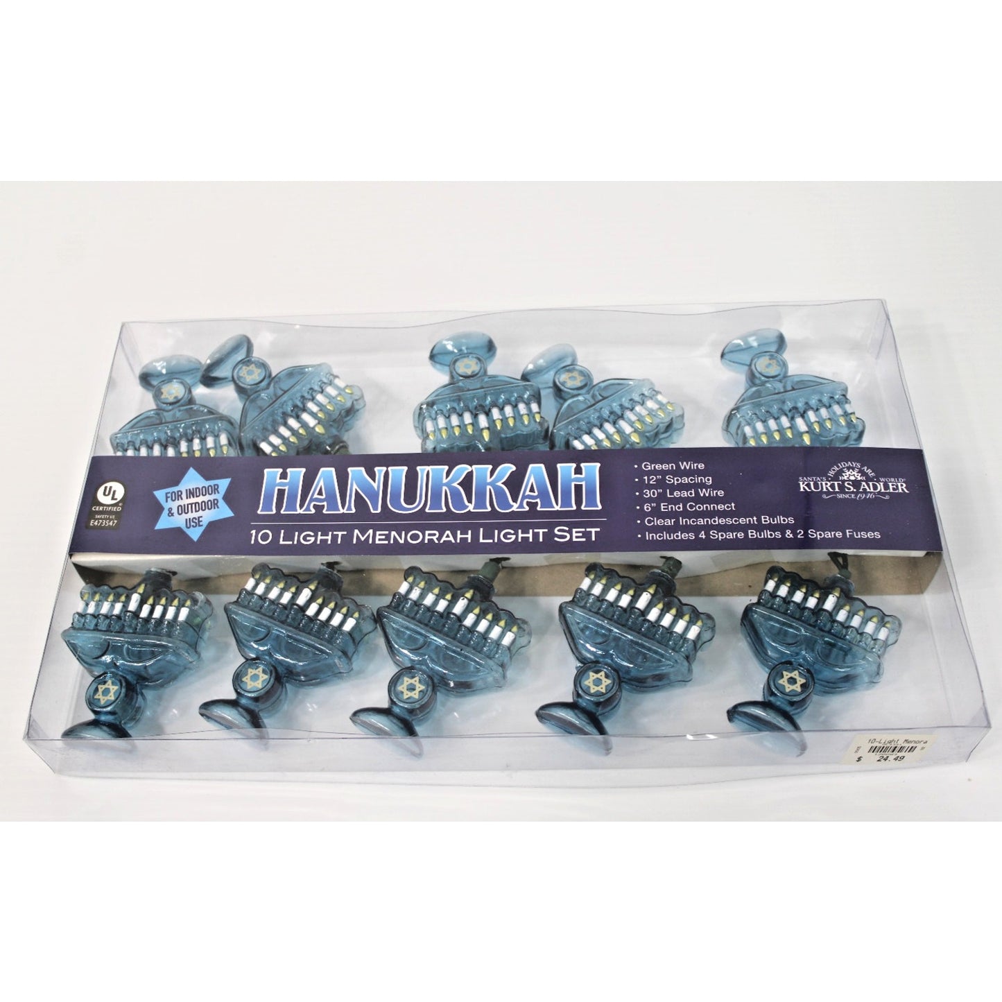 Kurt Adler Hanukkah Menorah Light Set, Indoor/Outdoor 30" 10 Light Blue Glow