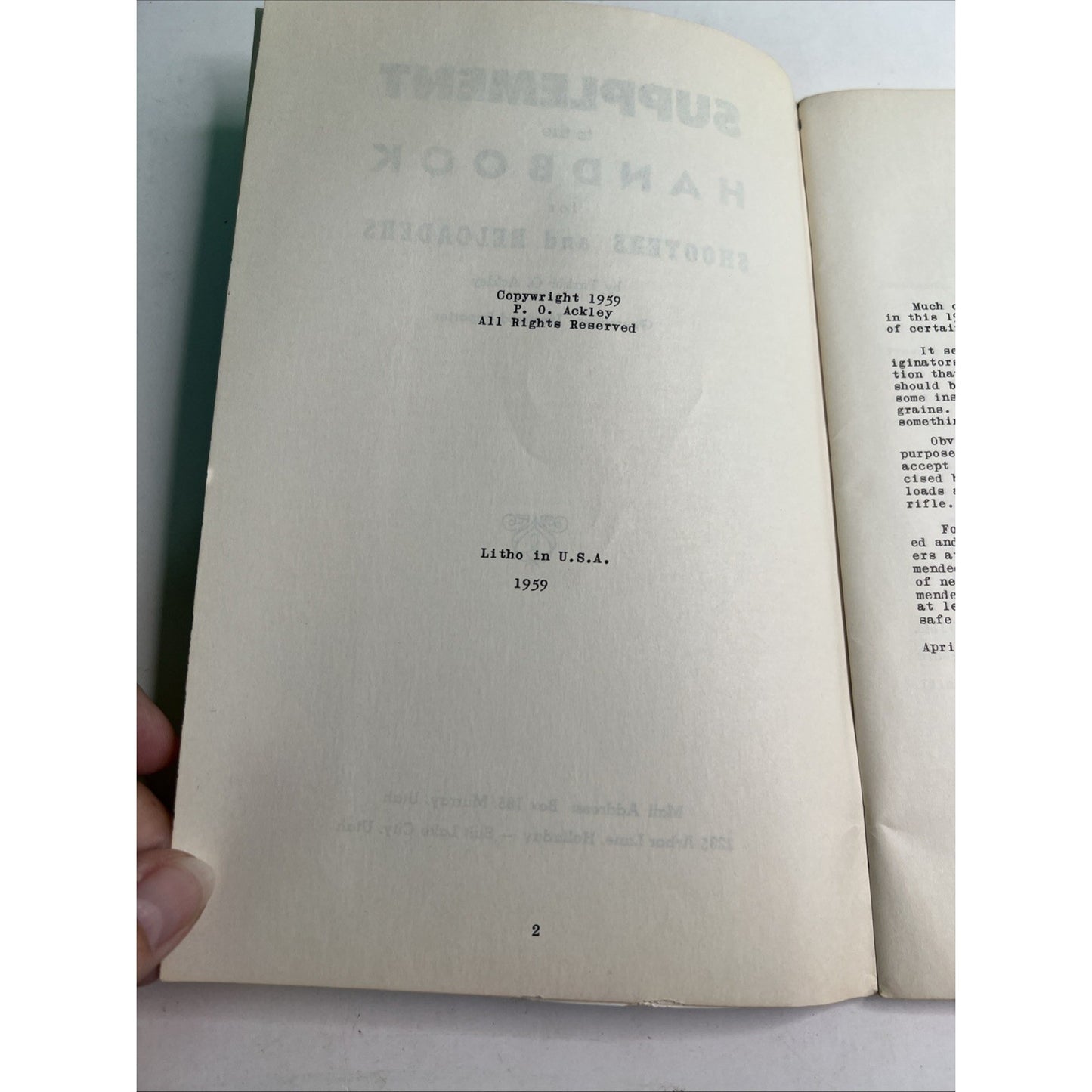 1959 Handbook for Shooters and Reloaders (Illustrated) WITH Supplement by Ackley