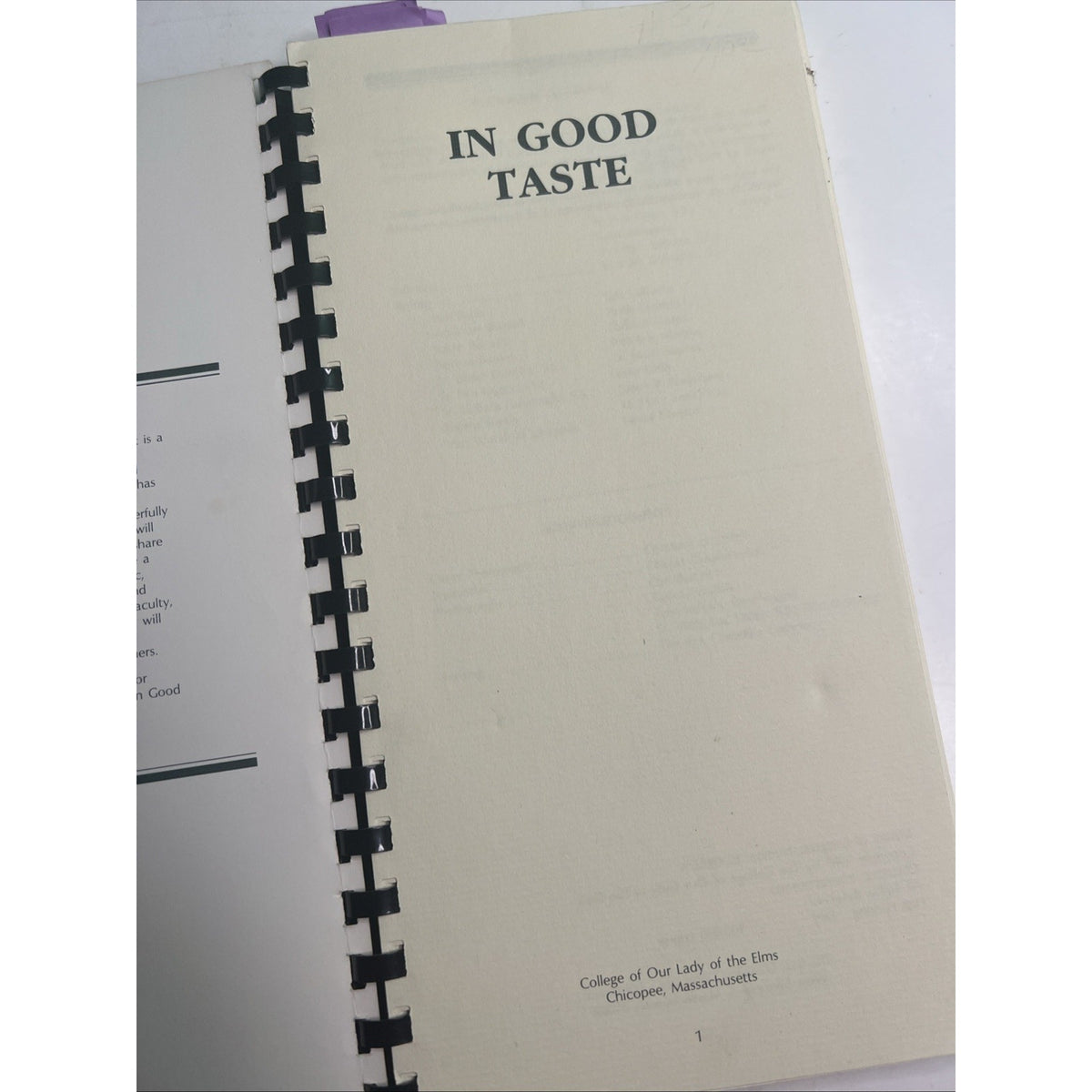 1987 In Good Taste College Of Our Lady Of The Elms Cookbook Chicopee, MA