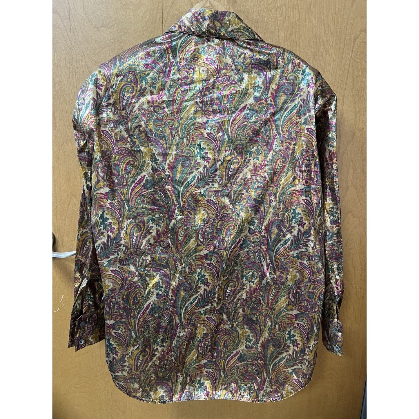 OLEG CASSINI Metallic Fabric Blouse Size 8 Button Up Shirt Paisley Pattern