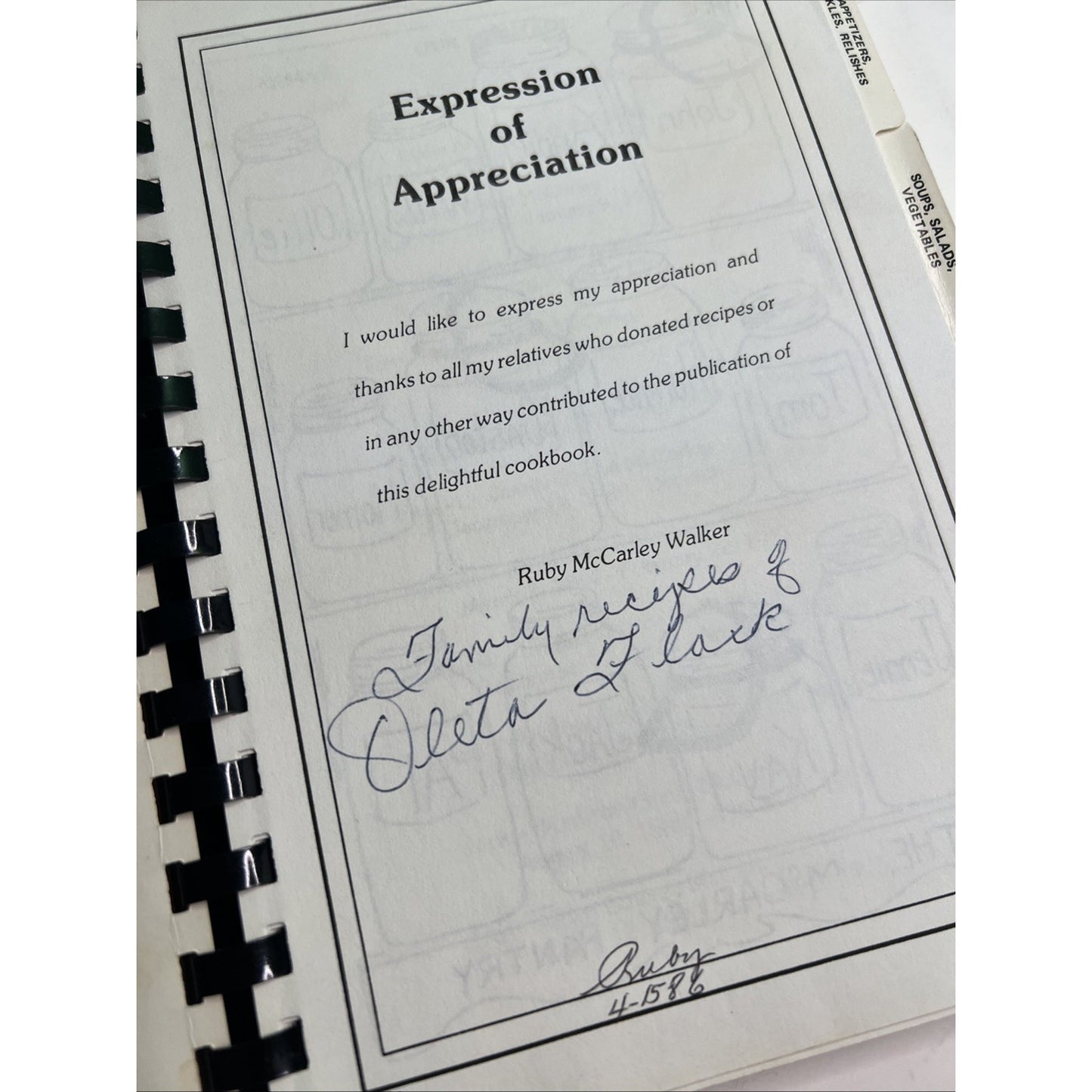 1986 The McCarley Cookbook Recipes Texas Family Signed by Ruby PB Comb Bound