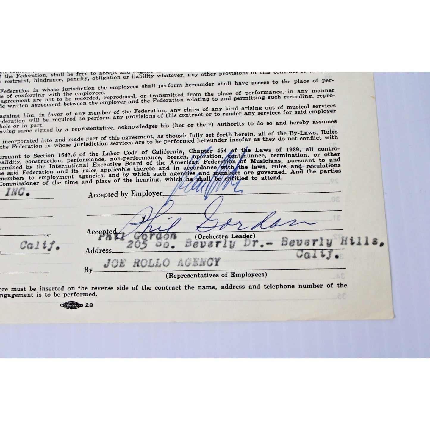 1958 Original Contract- Phil Gordon- American Federation of Musicians + Bonus
