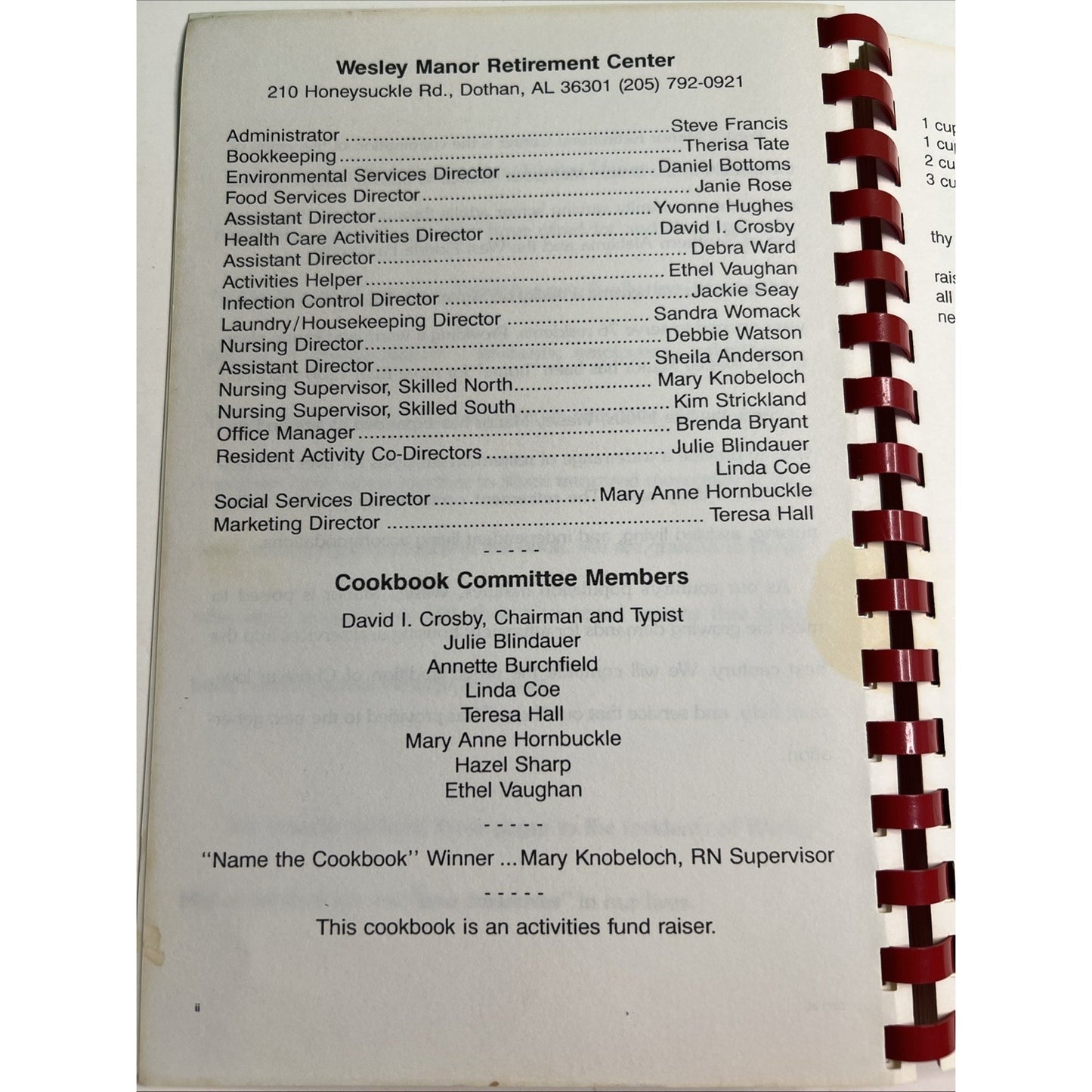 1992 Cookbook Wesley Manor Treasured Family Recipes Dothan Alabama