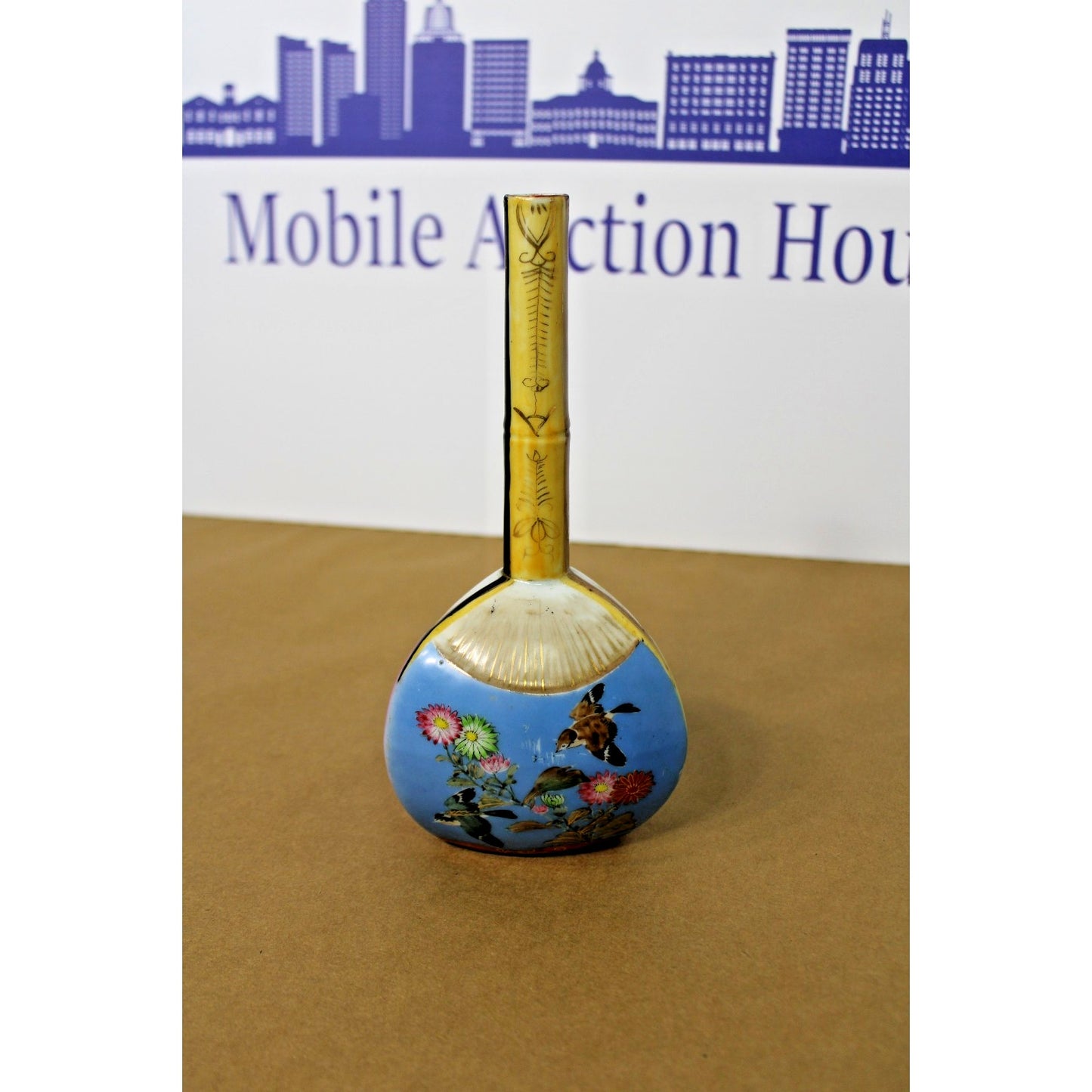 Antique Meiji Japanese Porcelain Kutani Bottle 3-Sided Vase Signed 9" Pastel