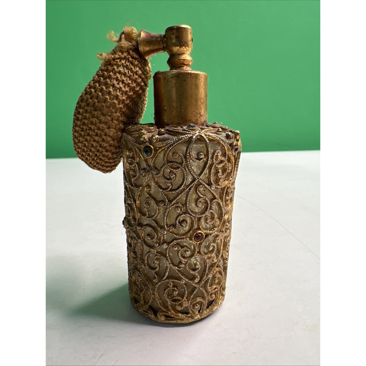 Vintage Gold Tone Perfume Bottle Filigree Ormolu Rhinestones Damaged Atomizer