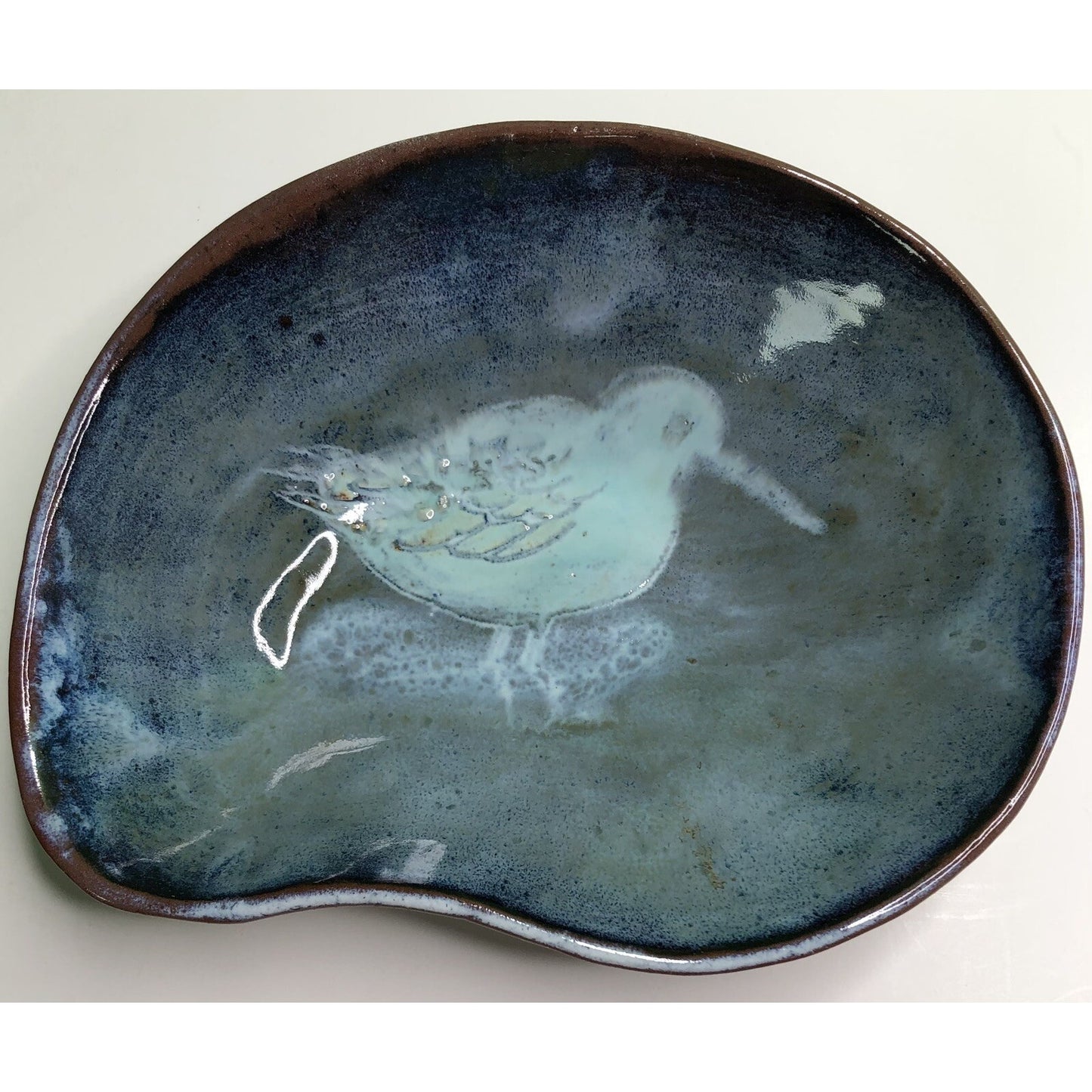 Vintage MCM Freeform DISH Bowl Studio Art Pottery w/ BIRD Blue Glaze Signed M V