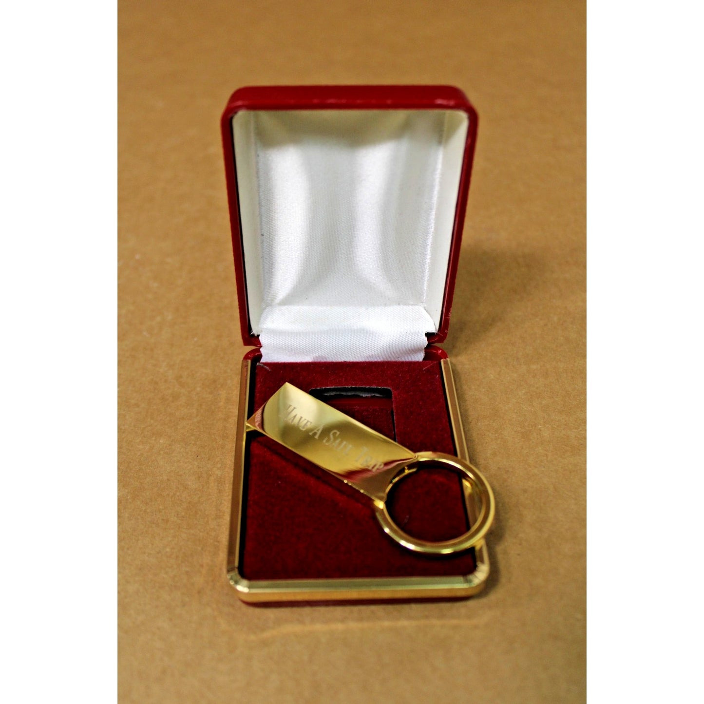 Engravable Gold Metal Keychain, Gift Boxed, "Have A Safe Trip" 1 Side, Heavy!