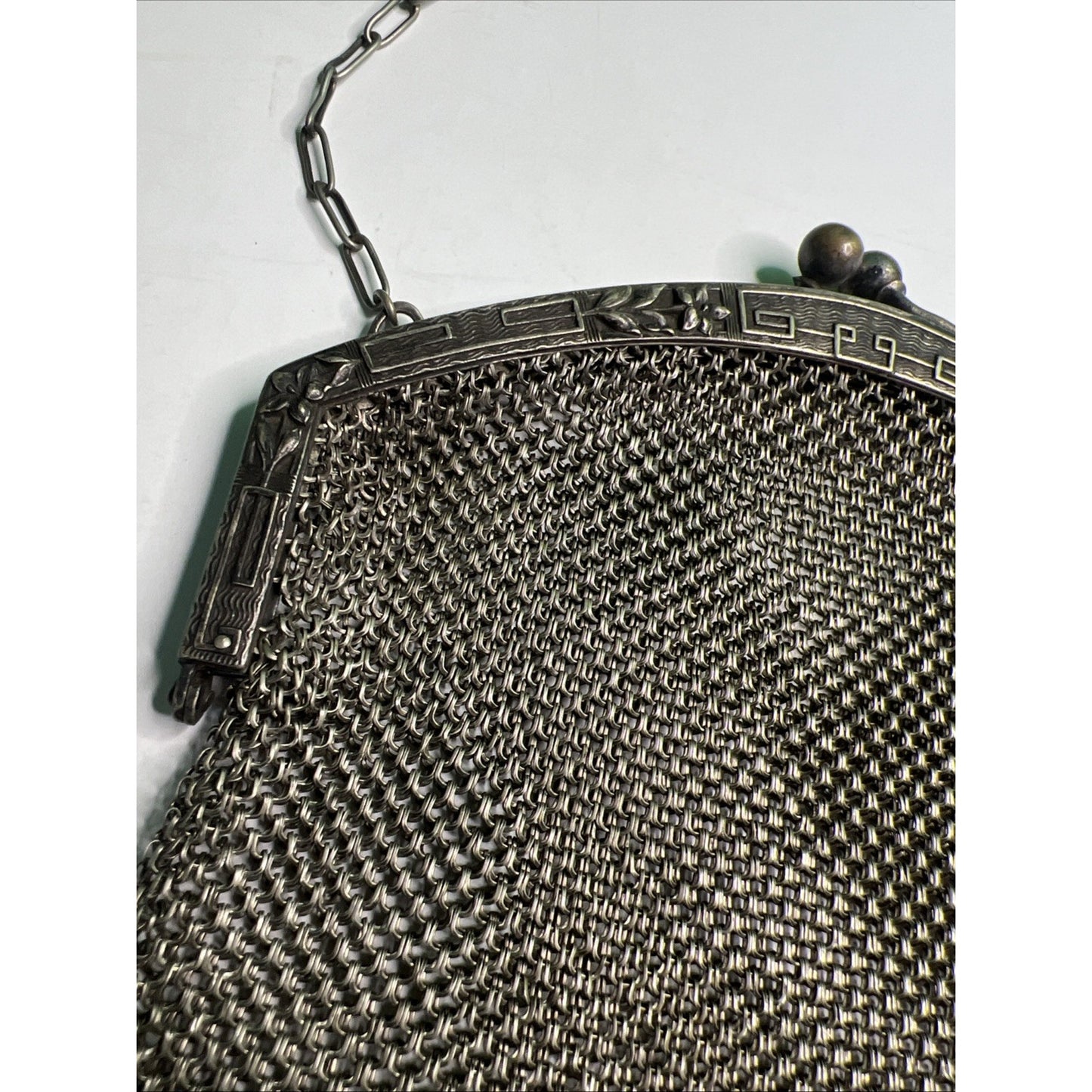 Rare Antique German Silver Chain Mesh Purse Handbag Kiss Closure Marked
