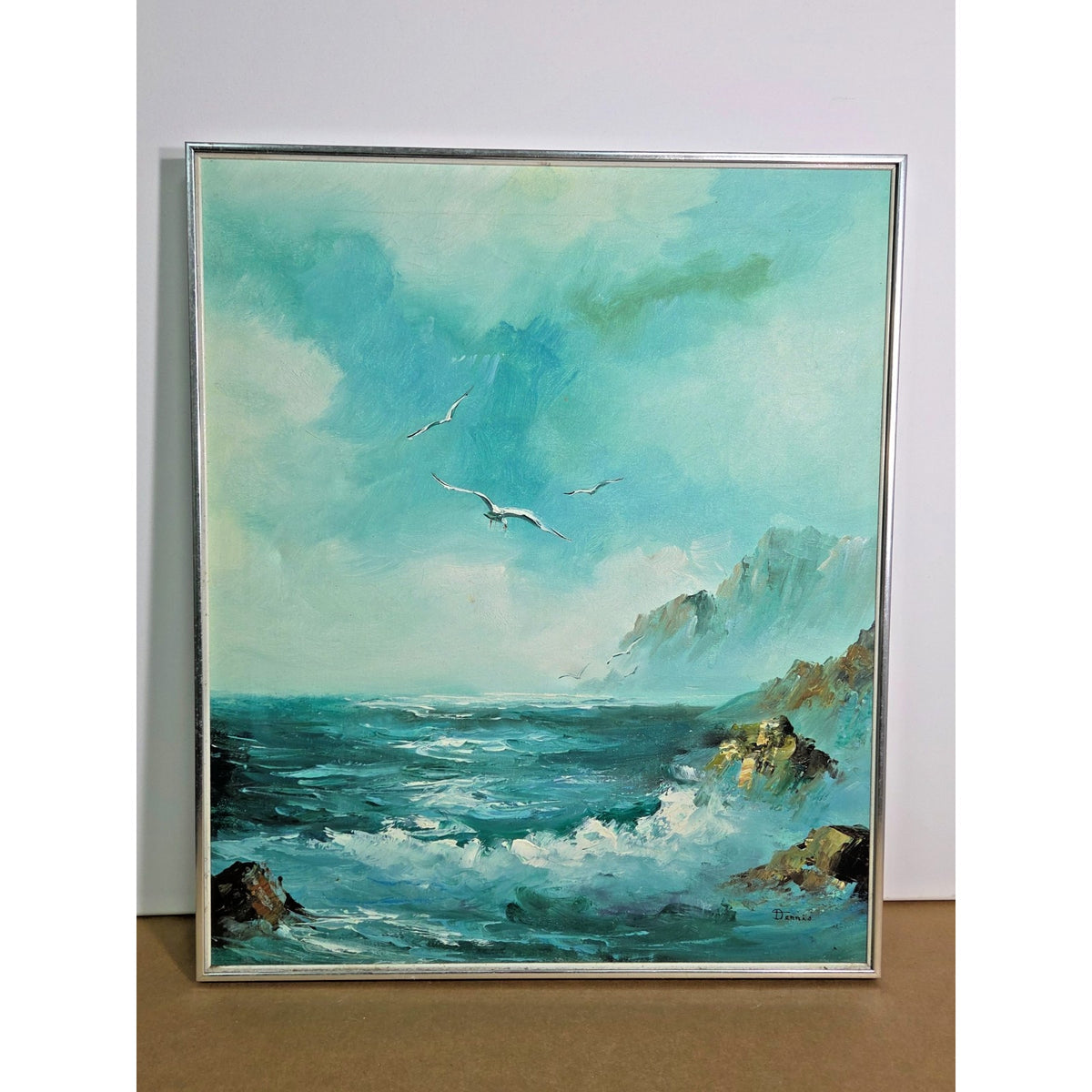 Vintage Impasto Seascape Painting Signed Dennis Mid-Century Silver Frame