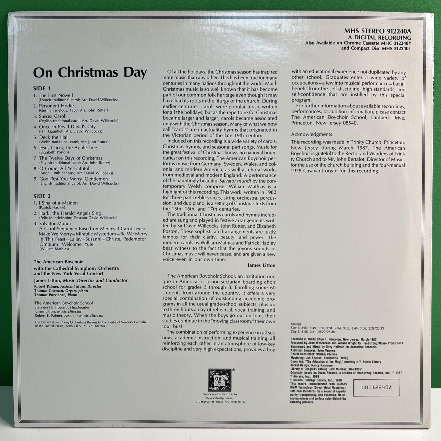 MHS 912240A On Christmas Day The American Boychoir 1988 LP Record Orchestra