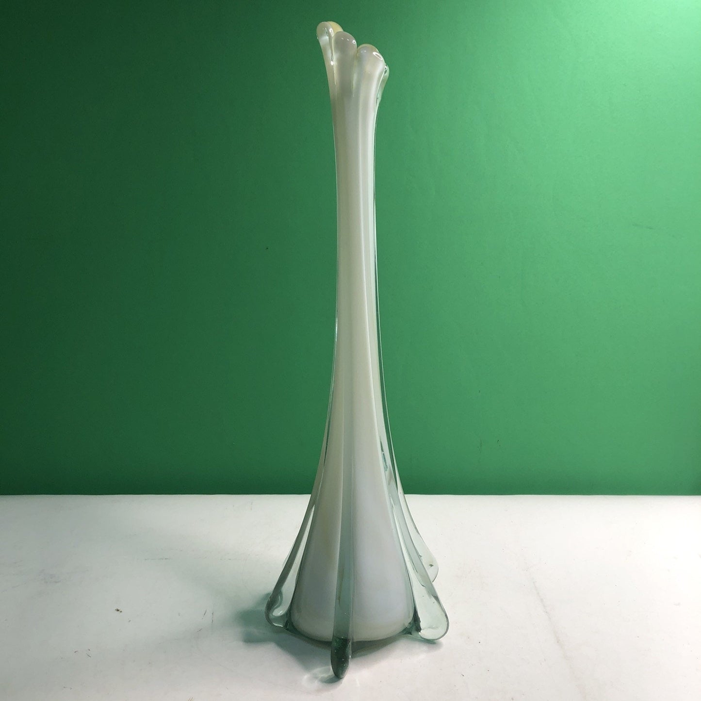 Vintage MCM Swung Glass Vase White Cream Clear 17.75” Tall Mid Century