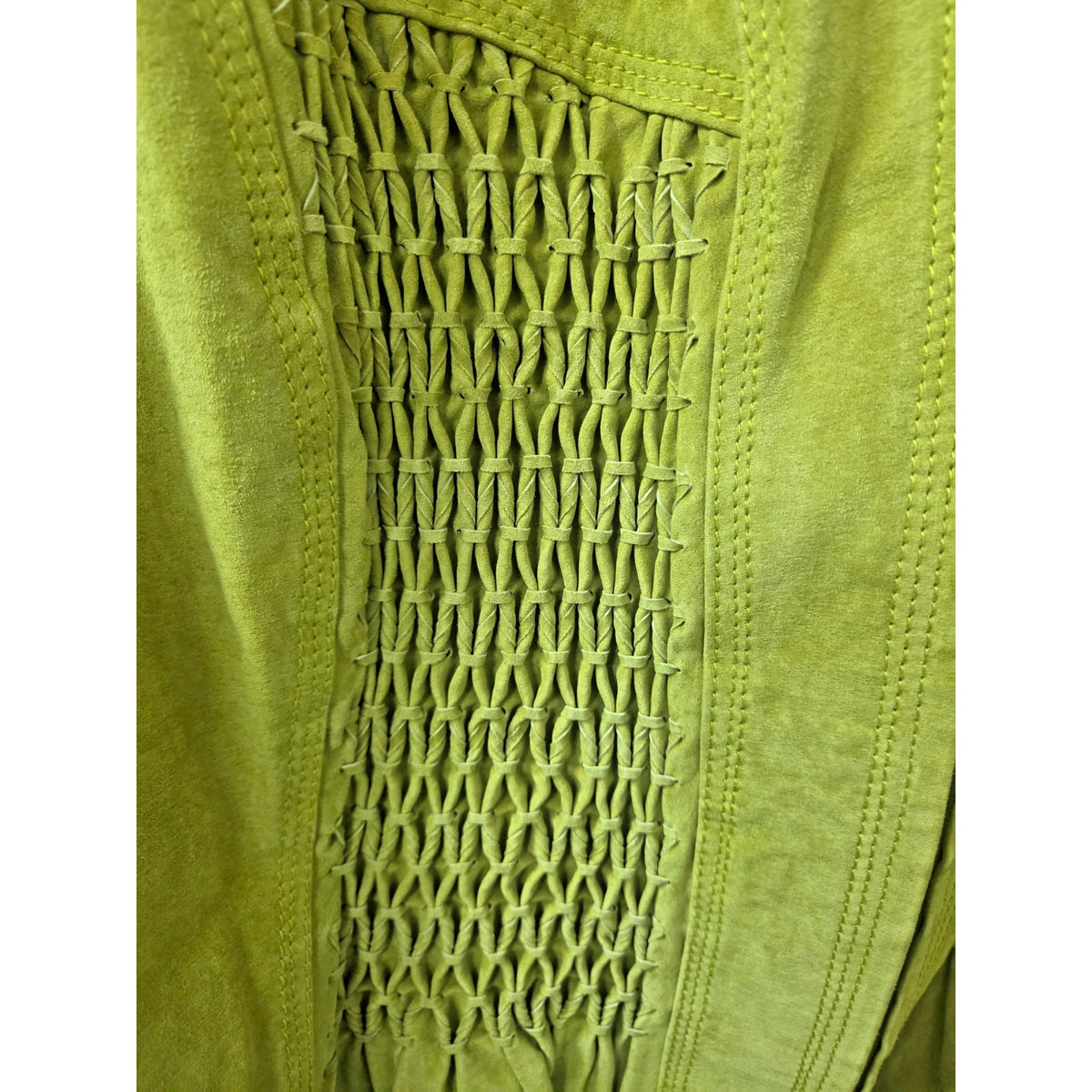 Vintage Kasper 2X Chartreuse Lime Green Suede Peplum Jacket Smocked Leather