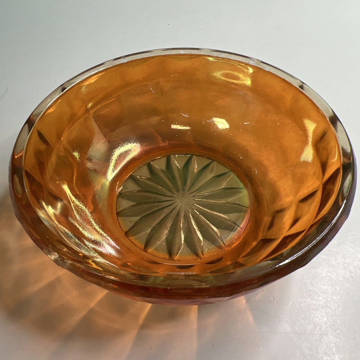 Marigold Carnival Glass 4” Berry Bowl With Block Design Clear Starburst Bottom