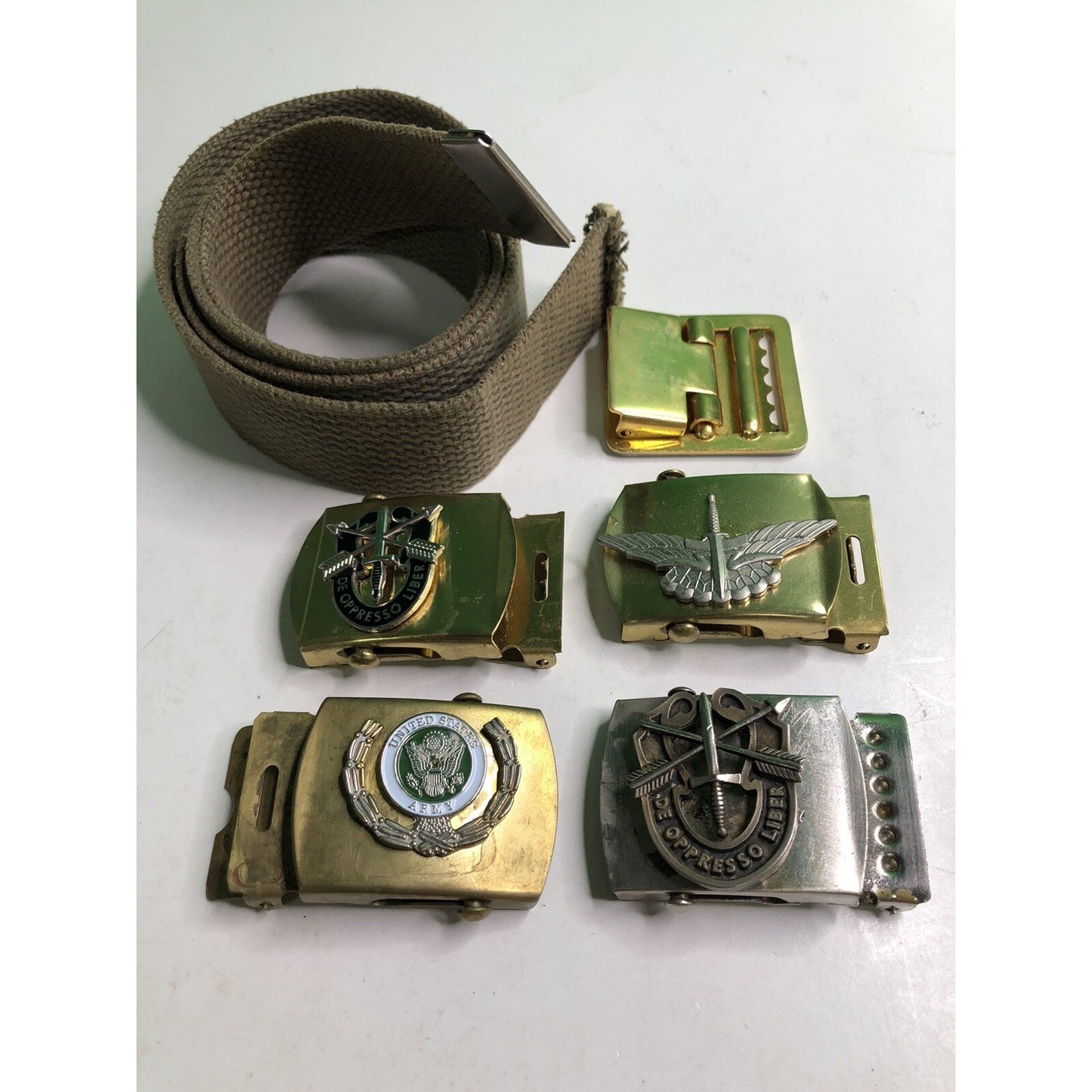 Vintage 38” Web Belt W/ 5 Buckles US Army Special Forces Brass Interchangeable