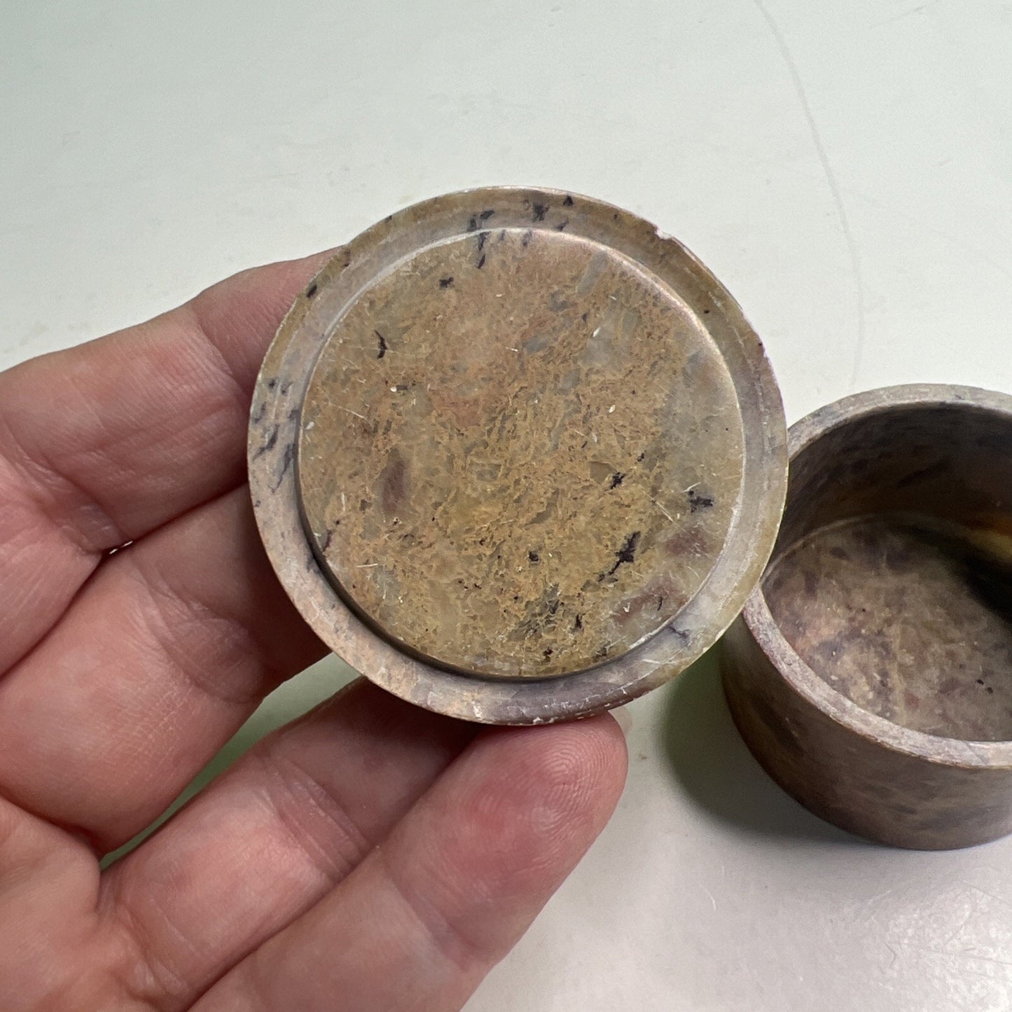 Carved Soapstone Small Inlaid Round Box Trinket Vanity Natural Stone with Lid
