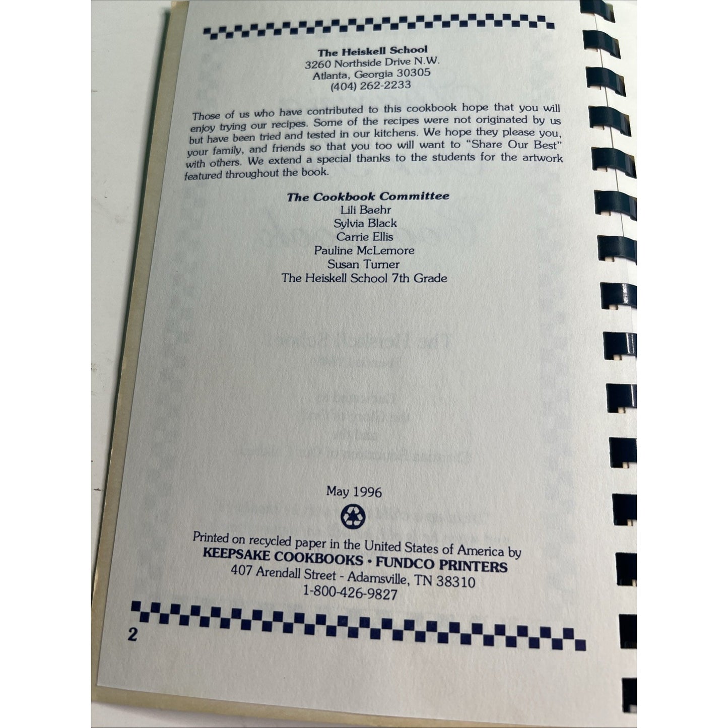 Sharing Our Best Heiskell School 1996 Cookbook Vintage Recipes Atlanta, Georgia