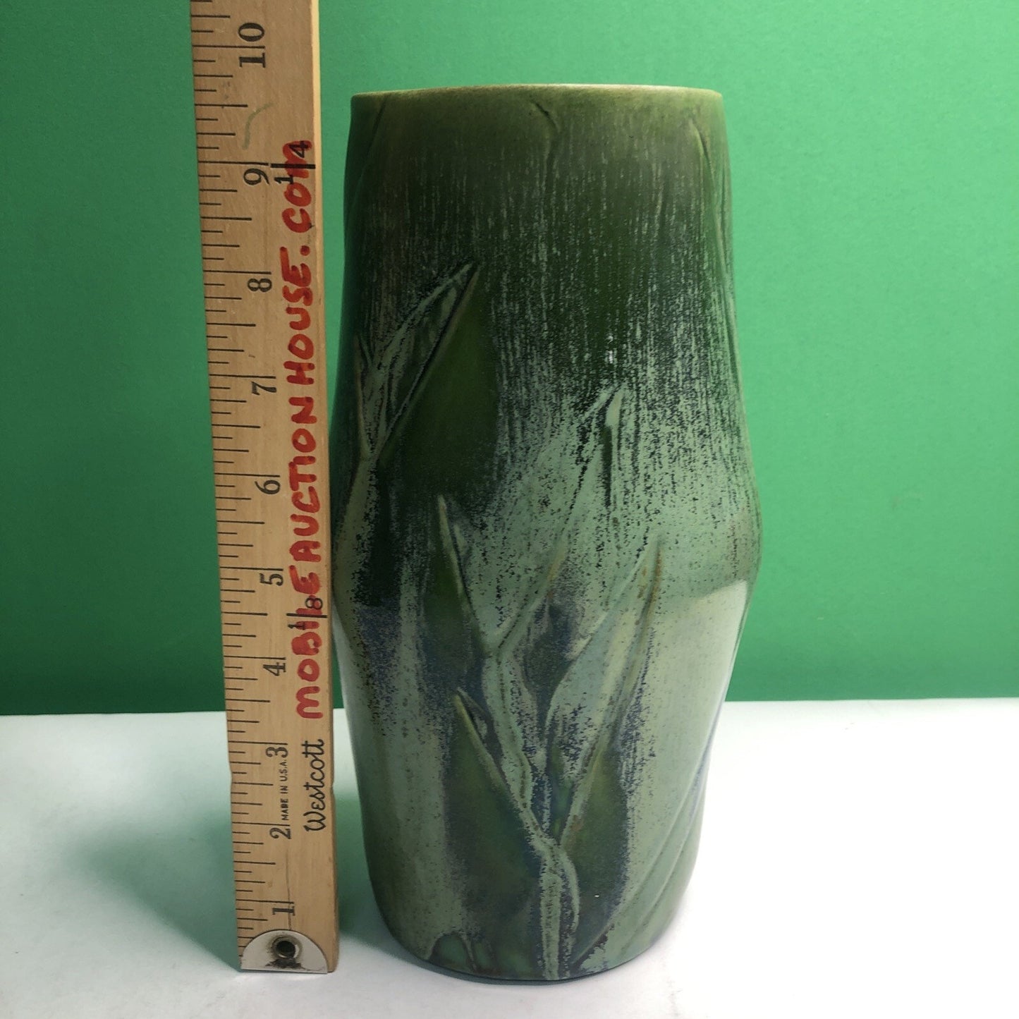 Vintage California Pottery Vase by Artist Hazel Hutchins Green Leaf/Plant Motif