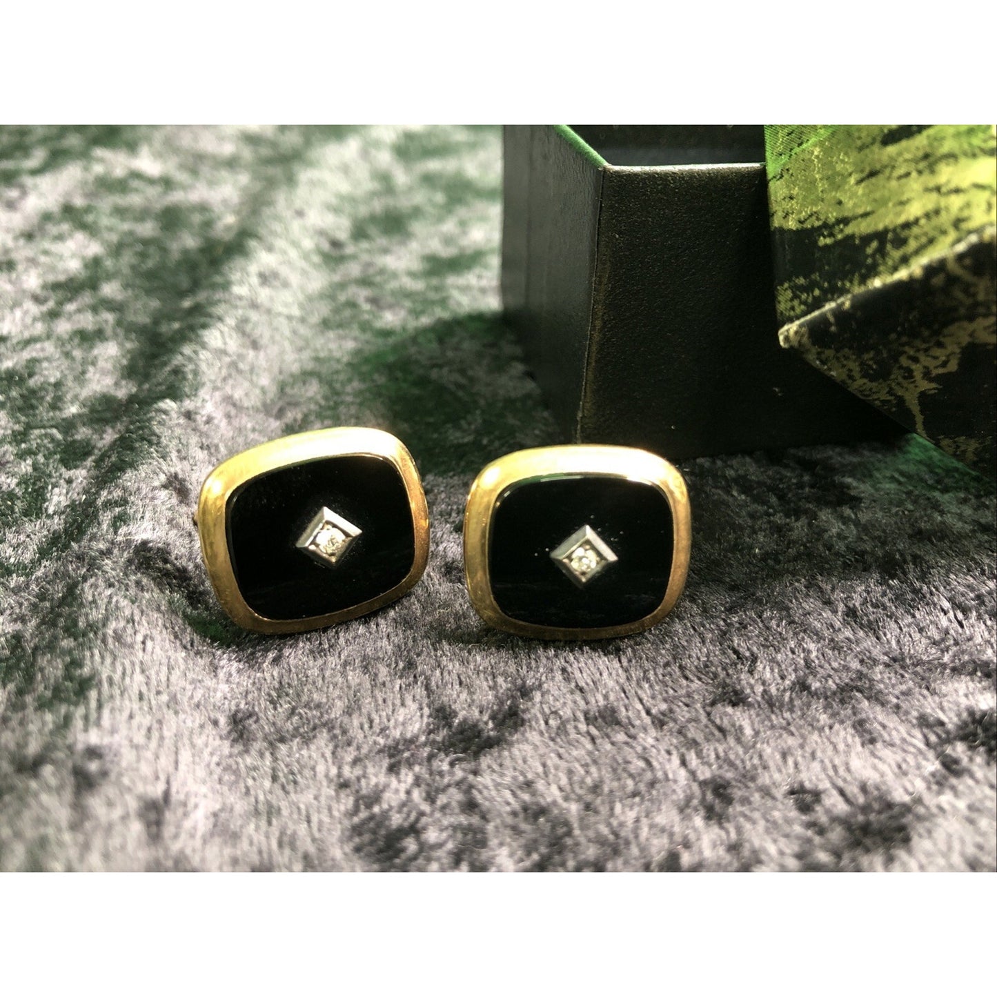 Vintage Mens Gold Tone Onyx Rhinestone Cufflinks Cuff Links Gift Box Original
