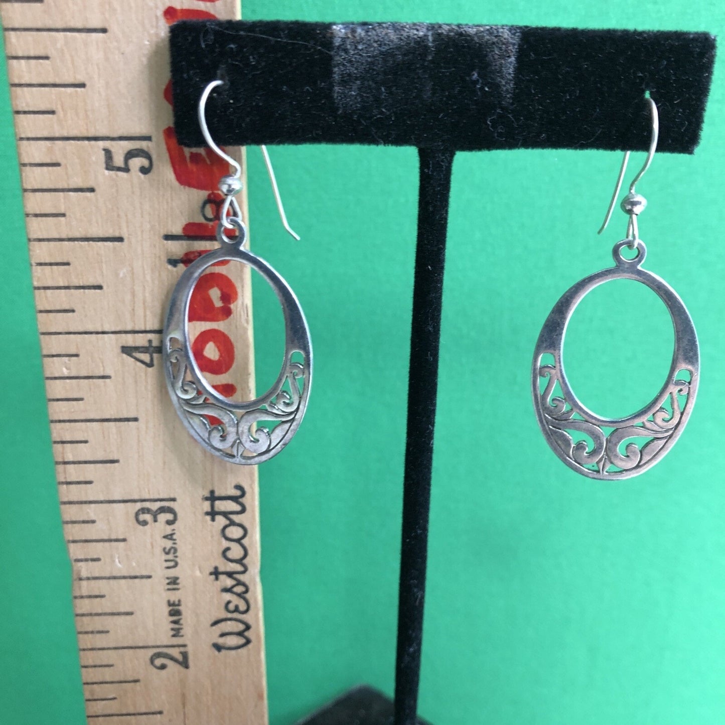 Vtg Mexican Silver Oval Drop Earrings Intricate Stamped Detail Pierced Hook Wire