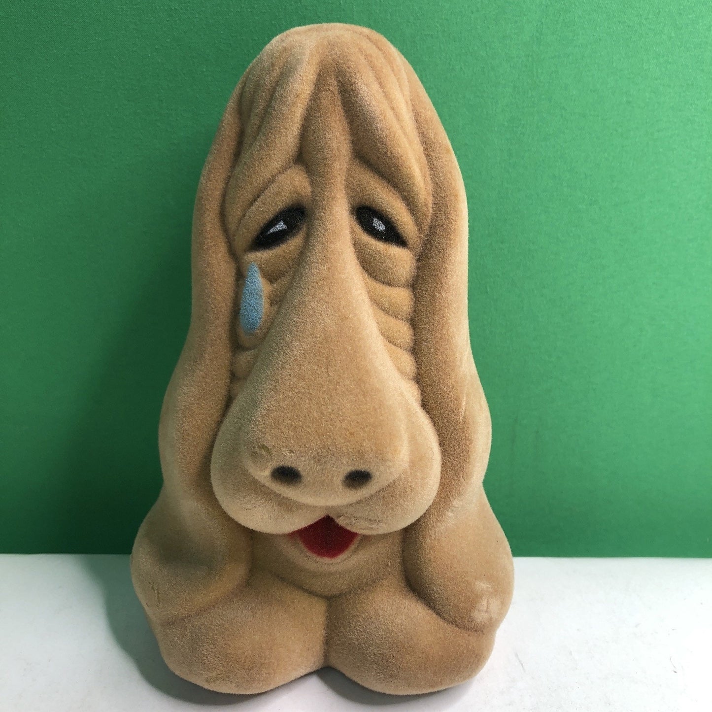 Vintage Tan Flocked Basset Hound Sad Dog With Teardrop Plastic Coin Bank 1970’s