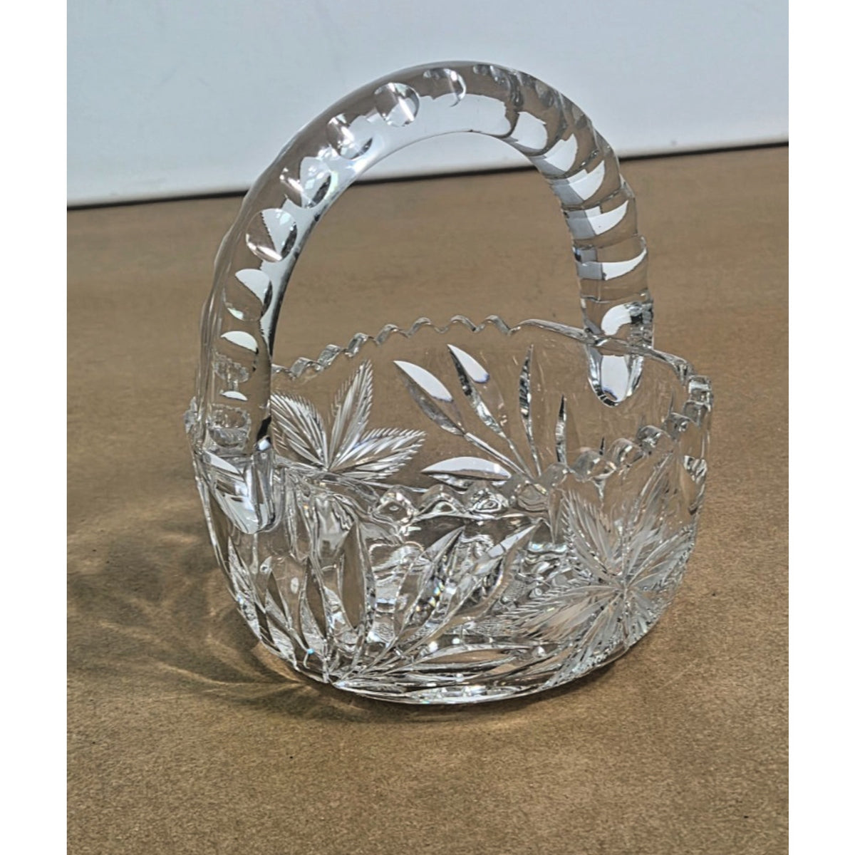 Vintage Hand-Cut Lead Crystal Basket - Bohemian Pinwheel & Leaf Star - 6 Inch