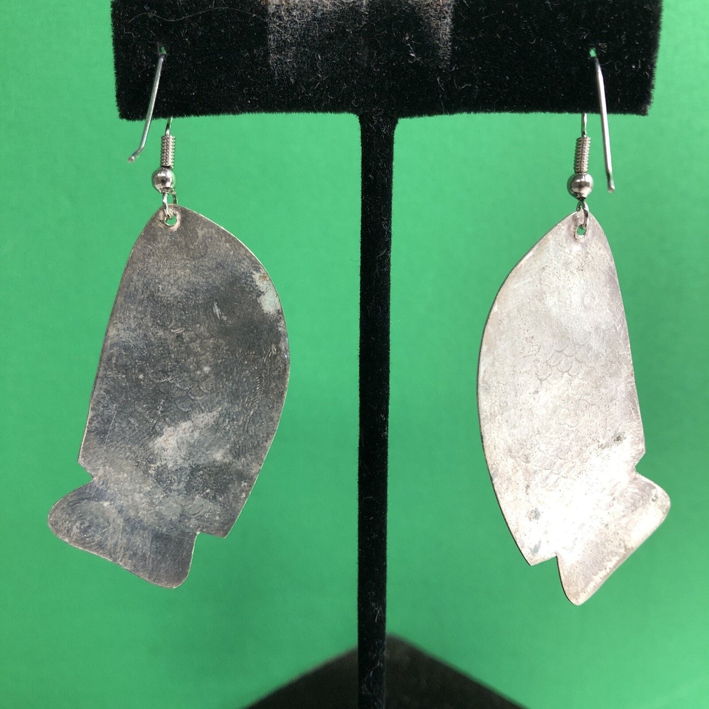 Vtg Mexican Silver FISH Dangle Drop Earrings Pierced Hook Wire Stamped Detail