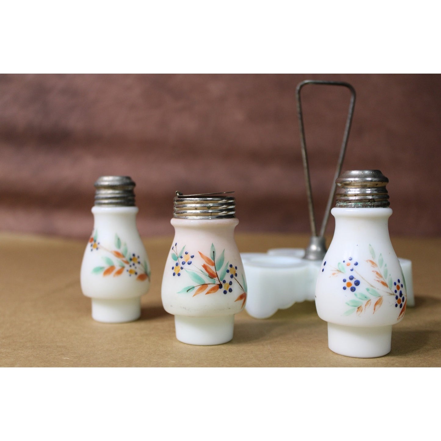 Antique Painted Milk Glass Condiment Caddy, Complete and Original