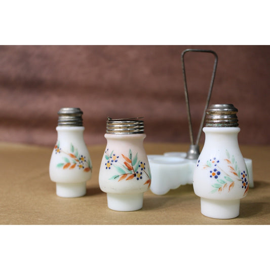 Antique Painted Milk Glass Condiment Caddy, Complete and Original