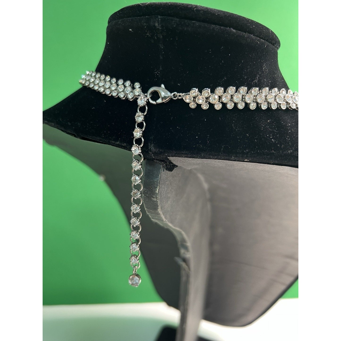 Bezel Set Rhinestone Collar Necklace Triple Layer V Drop 15” Long w/4” Extender