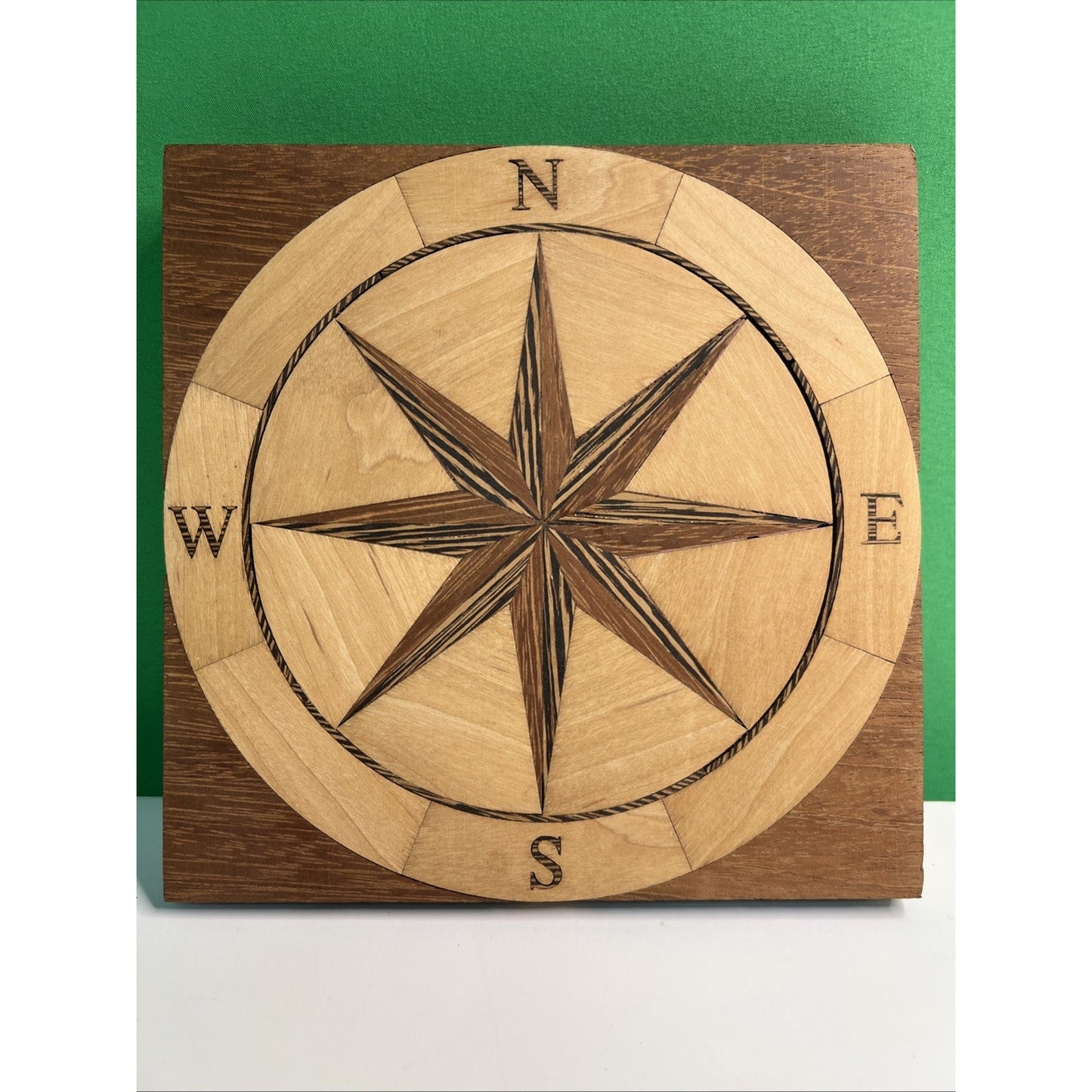 7” Square Wooden Nautical Compass Star Inlay Medallion Veneer