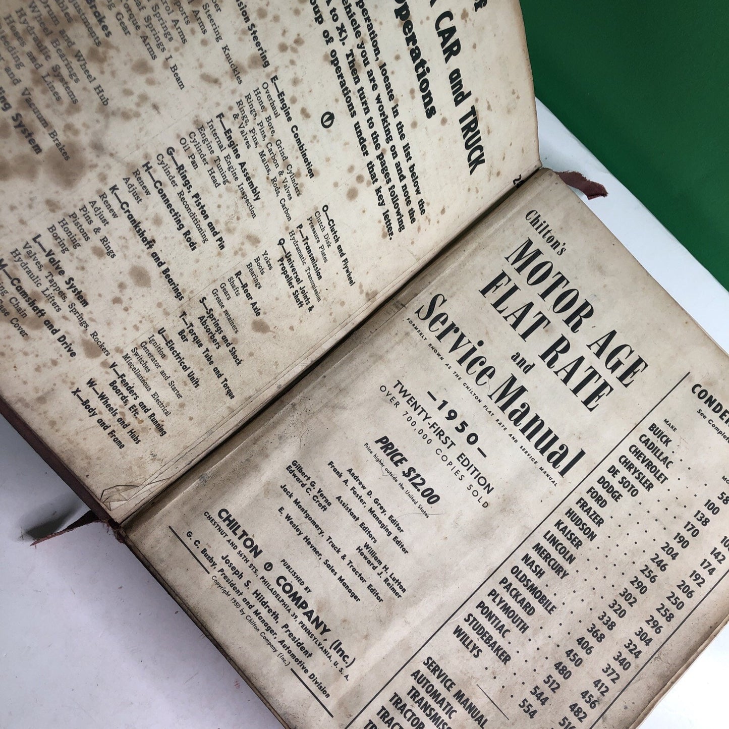 VINTAGE CHILTON’S MOTOR AGE FLAT RATE and SERVICE MANUAL 1950 HARDBACK USED