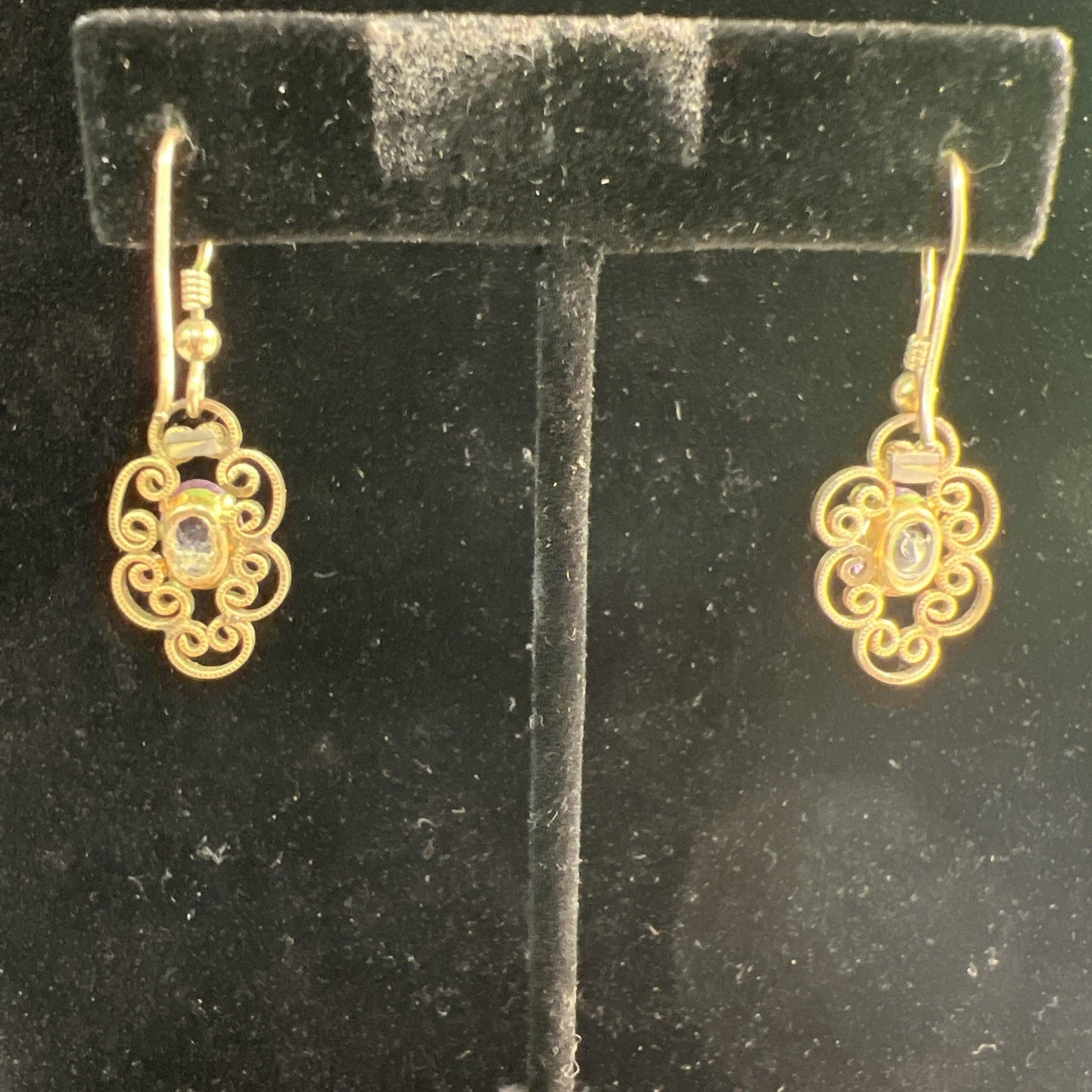 Vintage Artisan Gold Tone Purple Stone Hook Dangle Earrings French Wire