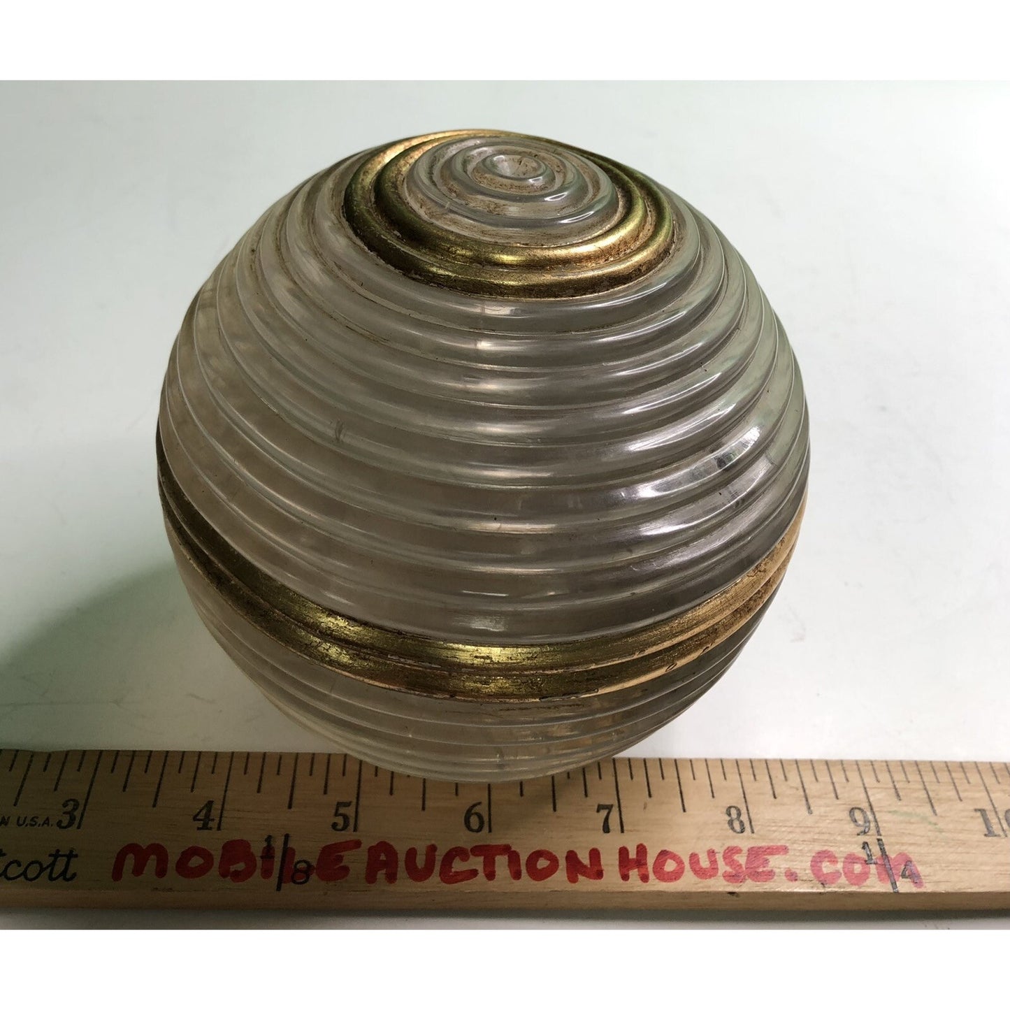 Vintage SOLID GLASS SPHERE Ball Ribbed Gilt MCM Unique Interesting RARE LARGE