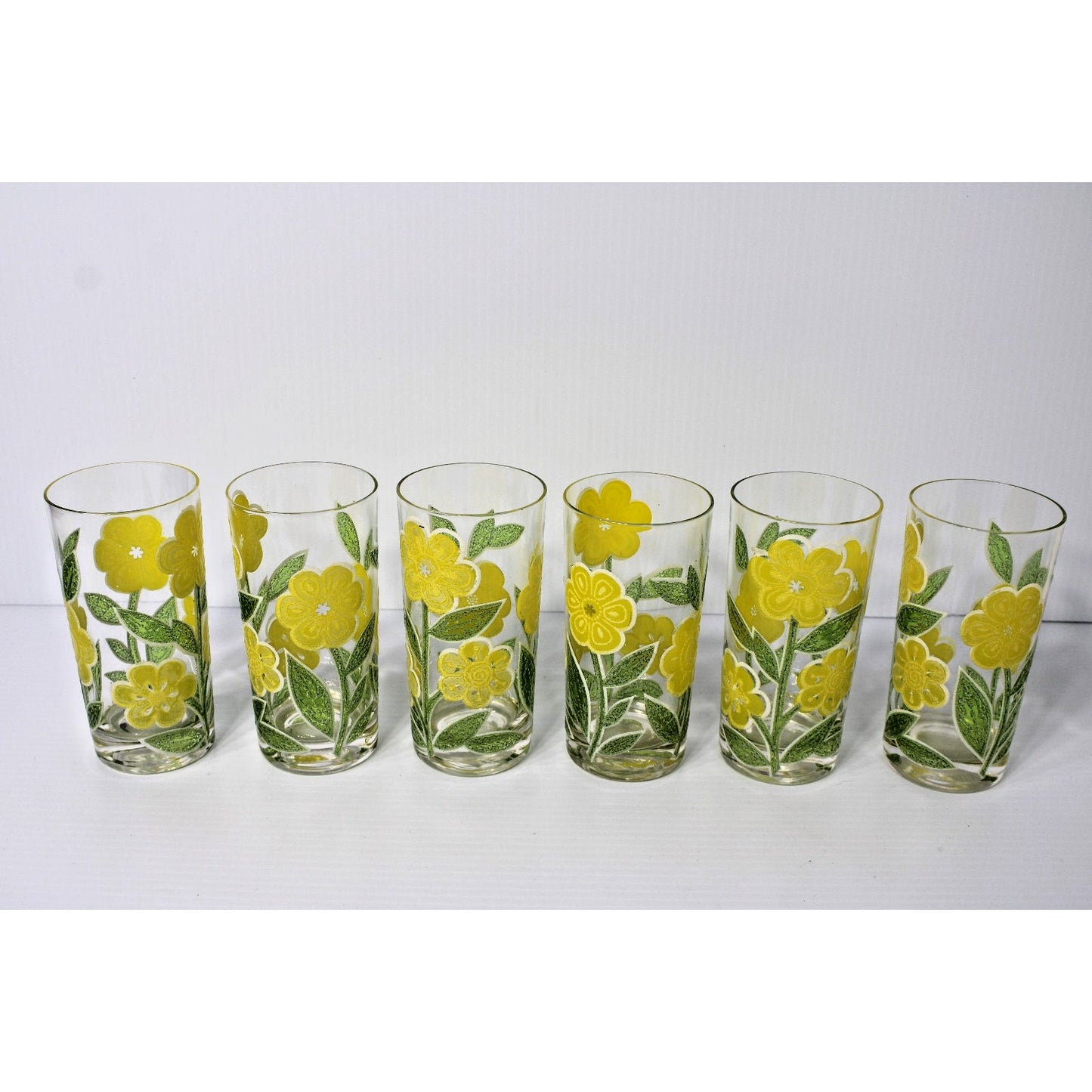 Vtg Mod Flower Culver HighBall Set 6 Tumblers Retro Caddy Glasses Iced Tea 12 oz