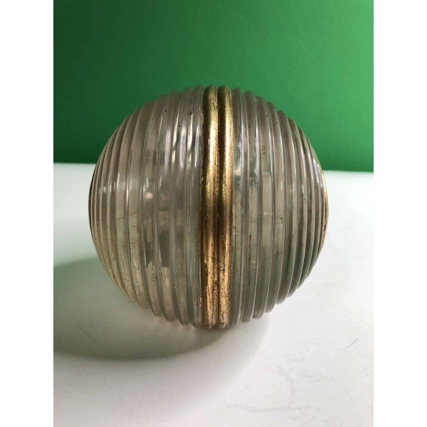 Vintage SOLID GLASS SPHERE Ball Ribbed Gilt MCM Unique Interesting RARE LARGE