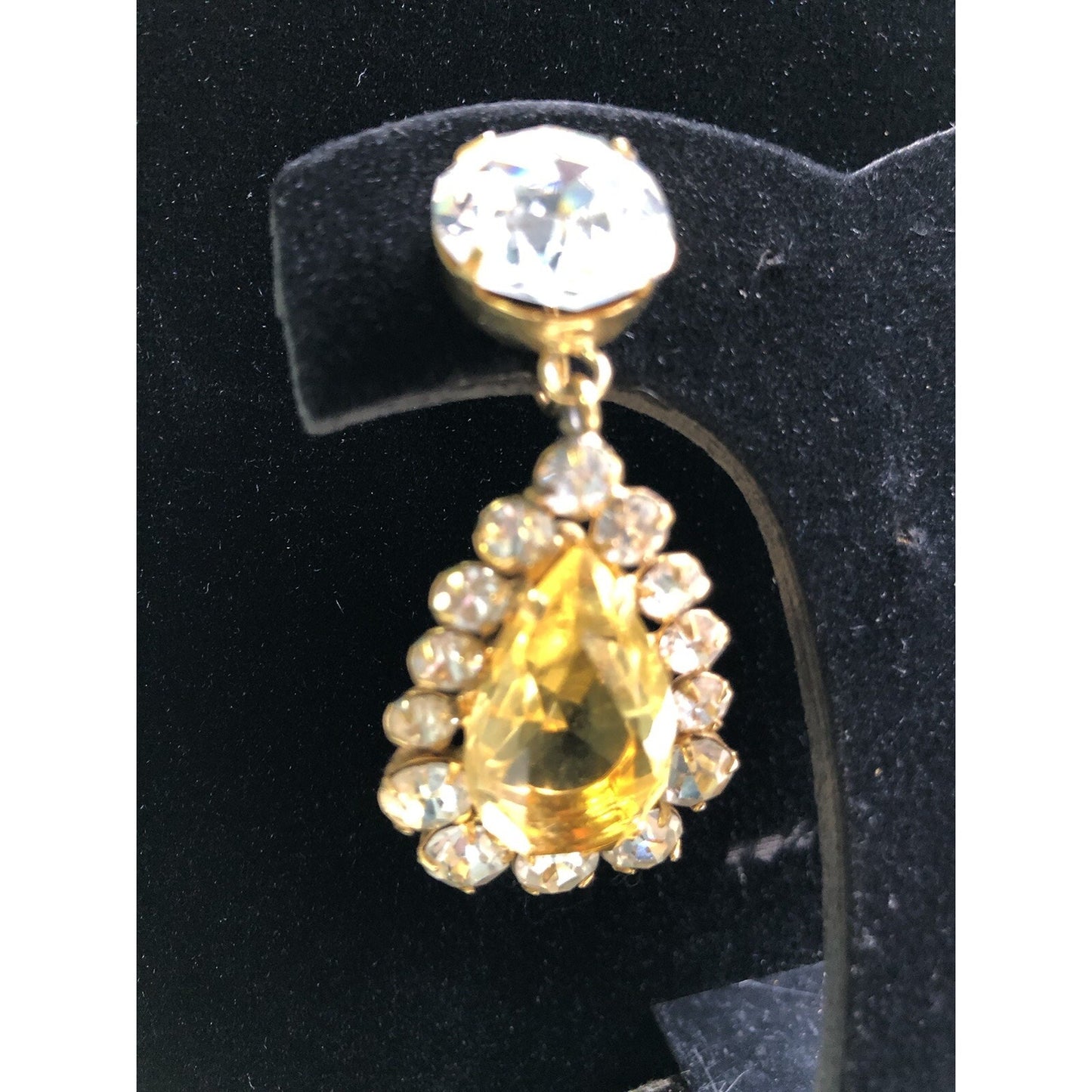 Vintage Showstopper Clip On Earrings Faux Stones Yellow Teardrop & Round Shape