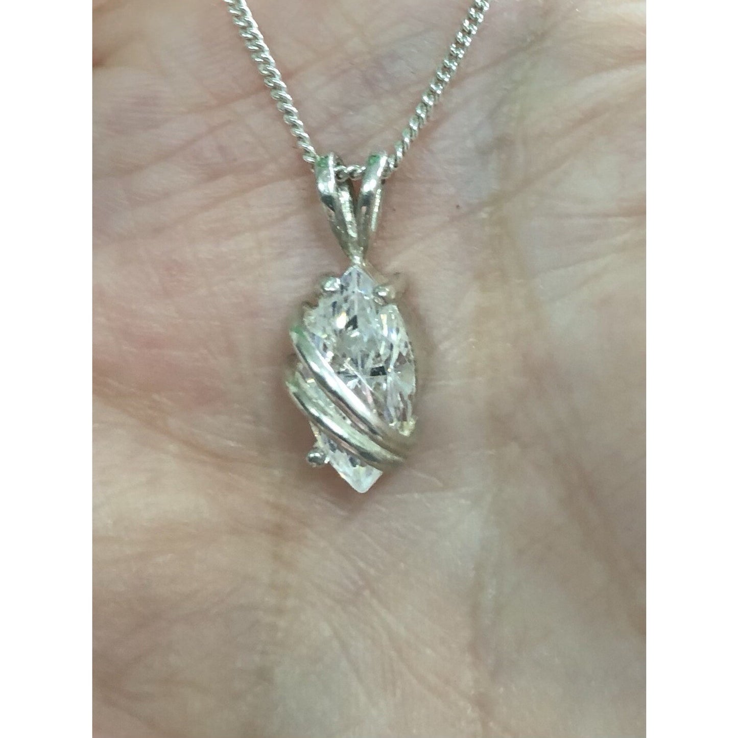 Italy Sterling Silver 20” Chain Captured Marquise Clear Gem Pendant Earring Set