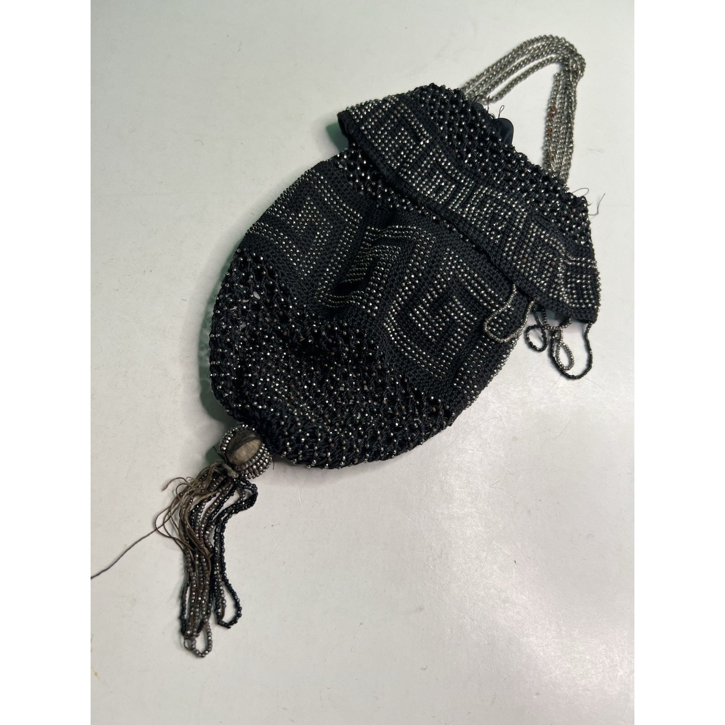 Antique Black & Silver Steel Bead Fringe Flapper Purse Greek Key NEEDS REPAIR