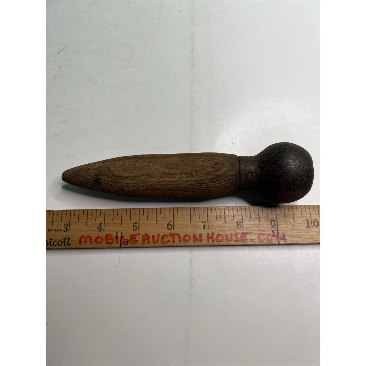 Antique Tool Dibble Pestle Muddler Wood Base Metal Ball Handle
