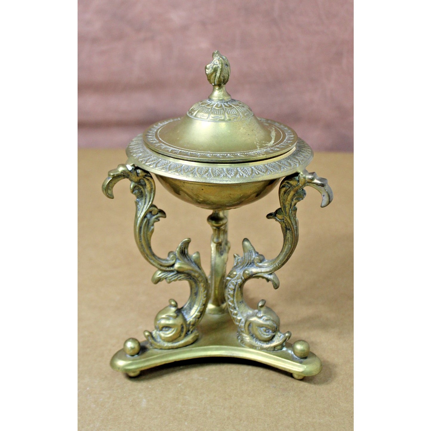 French Empire 9.5-Inch Tall Brass Lidded Bowl on Dolphin Pedestal, Gorgeous!