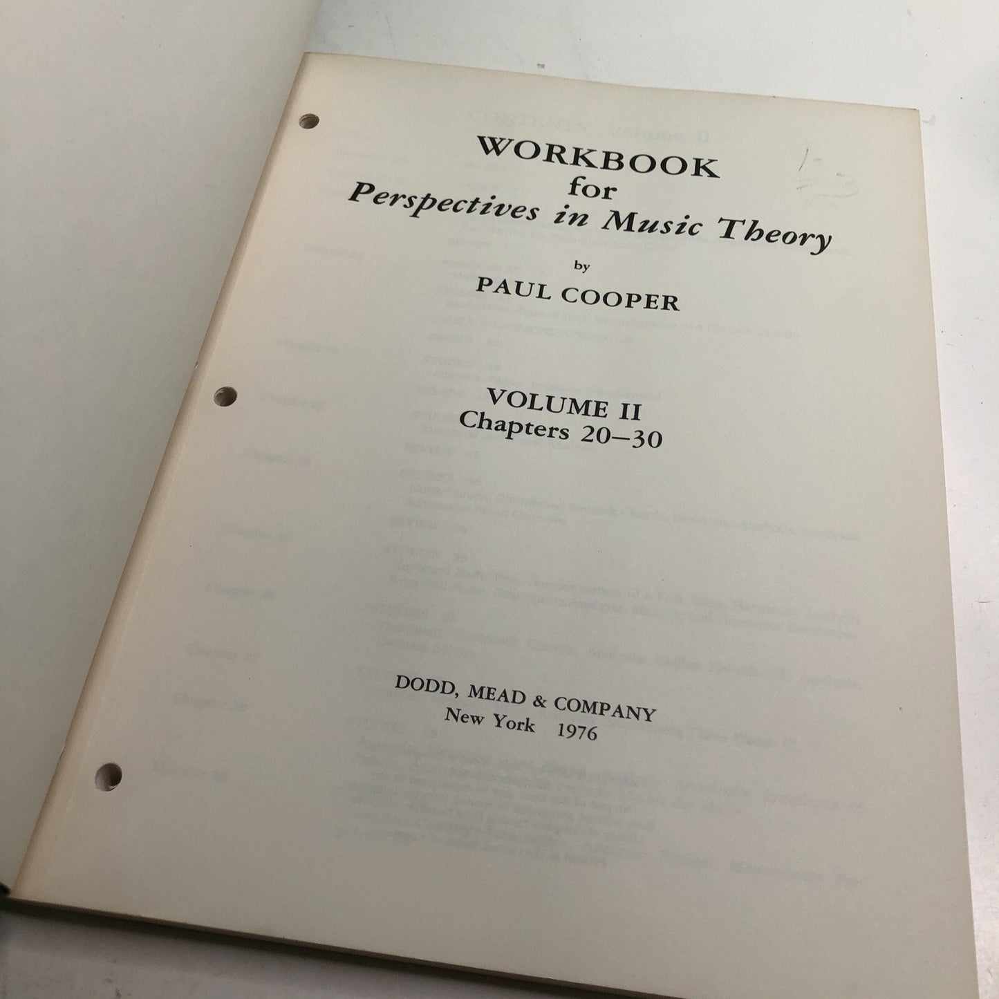 PAUL COOPER'S Workbook for Perspectives in Music Theory: Volume 2 PB 1976